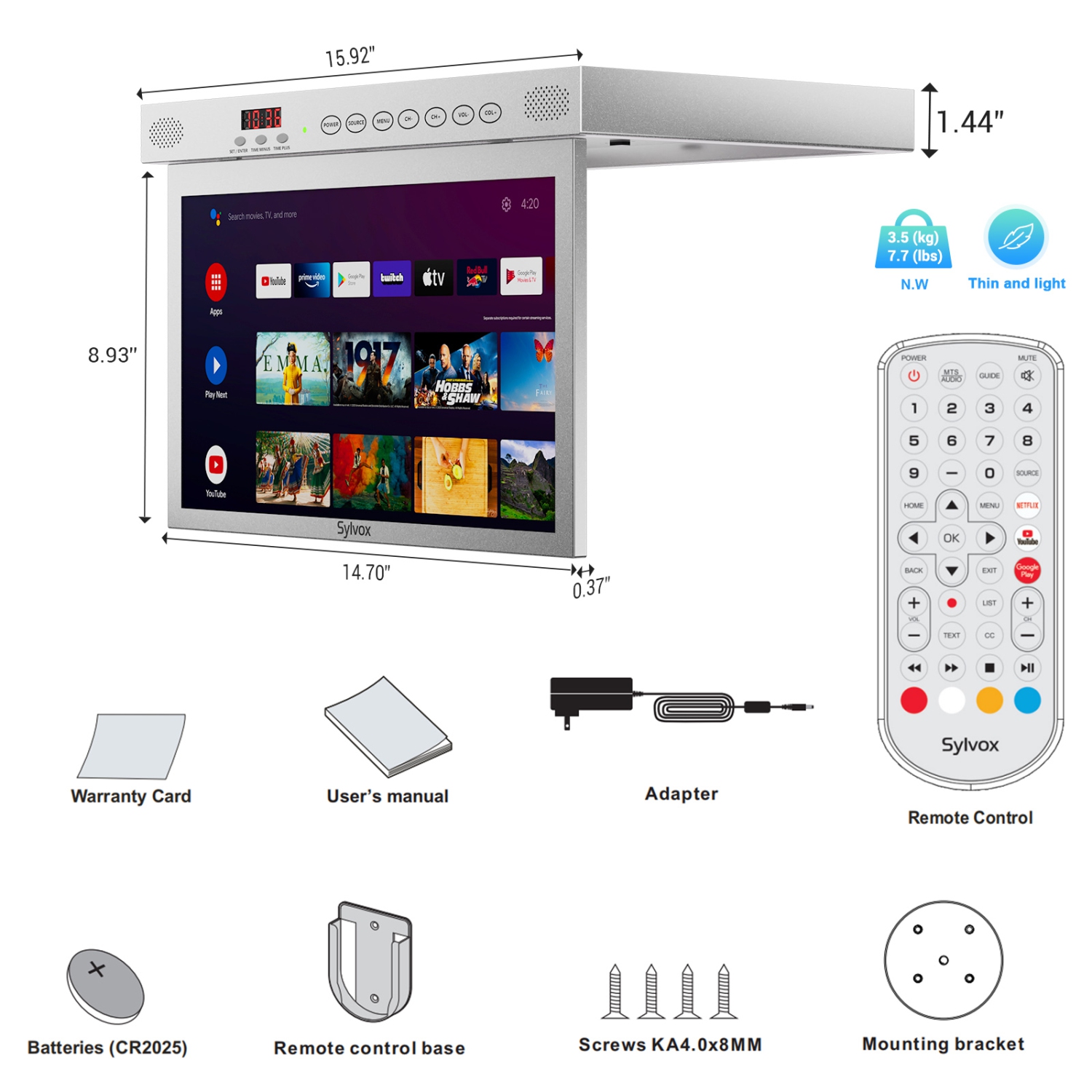 SYLVOX 15.6 inch Smart Kitchen TV, 1080P FHD Under Cabinet TV, Smart Android TV Built-in Google Play, Support Google Assistant WiFi Bluetooth(Silver）