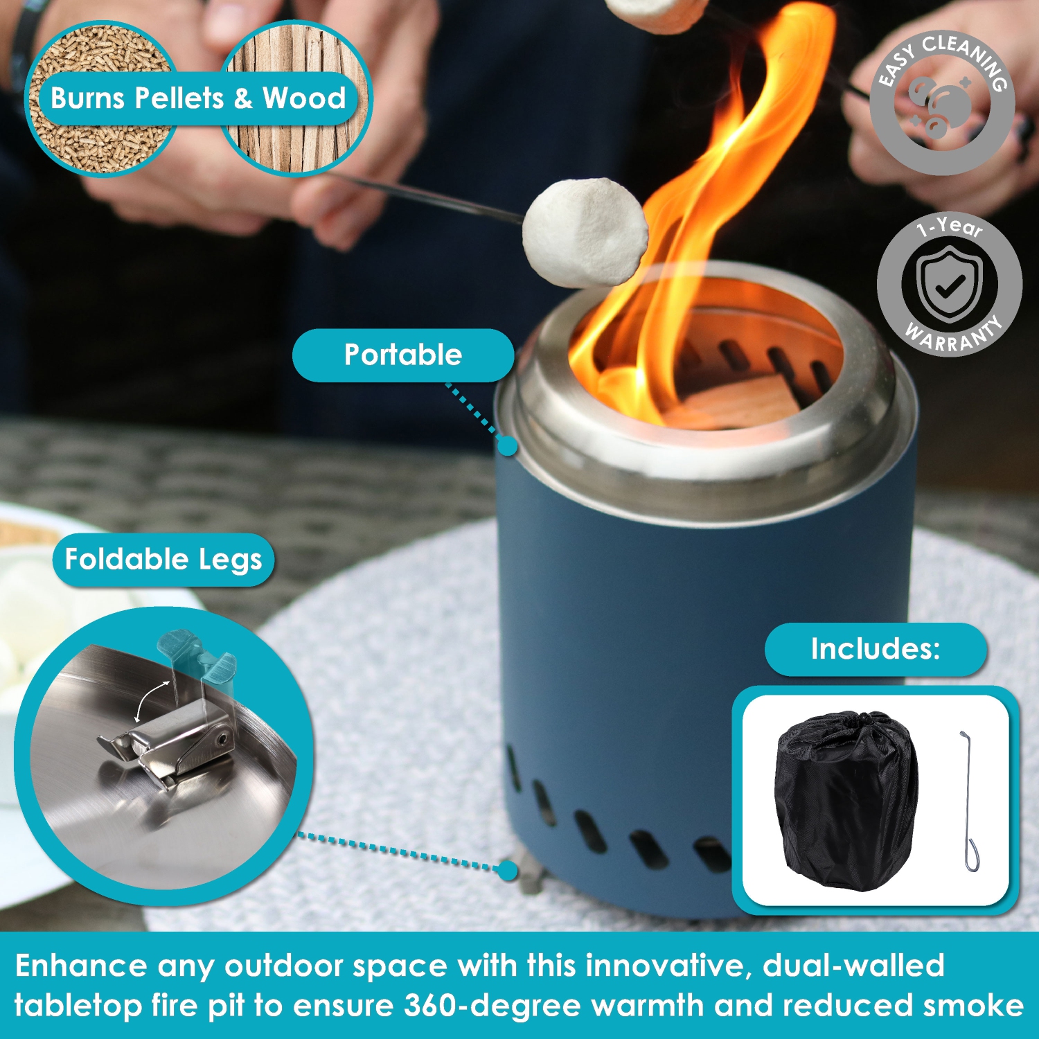 Sunnydaze Tabletop Smokeless Fire Pit with Bag and Poker - 5.5 in - Blue