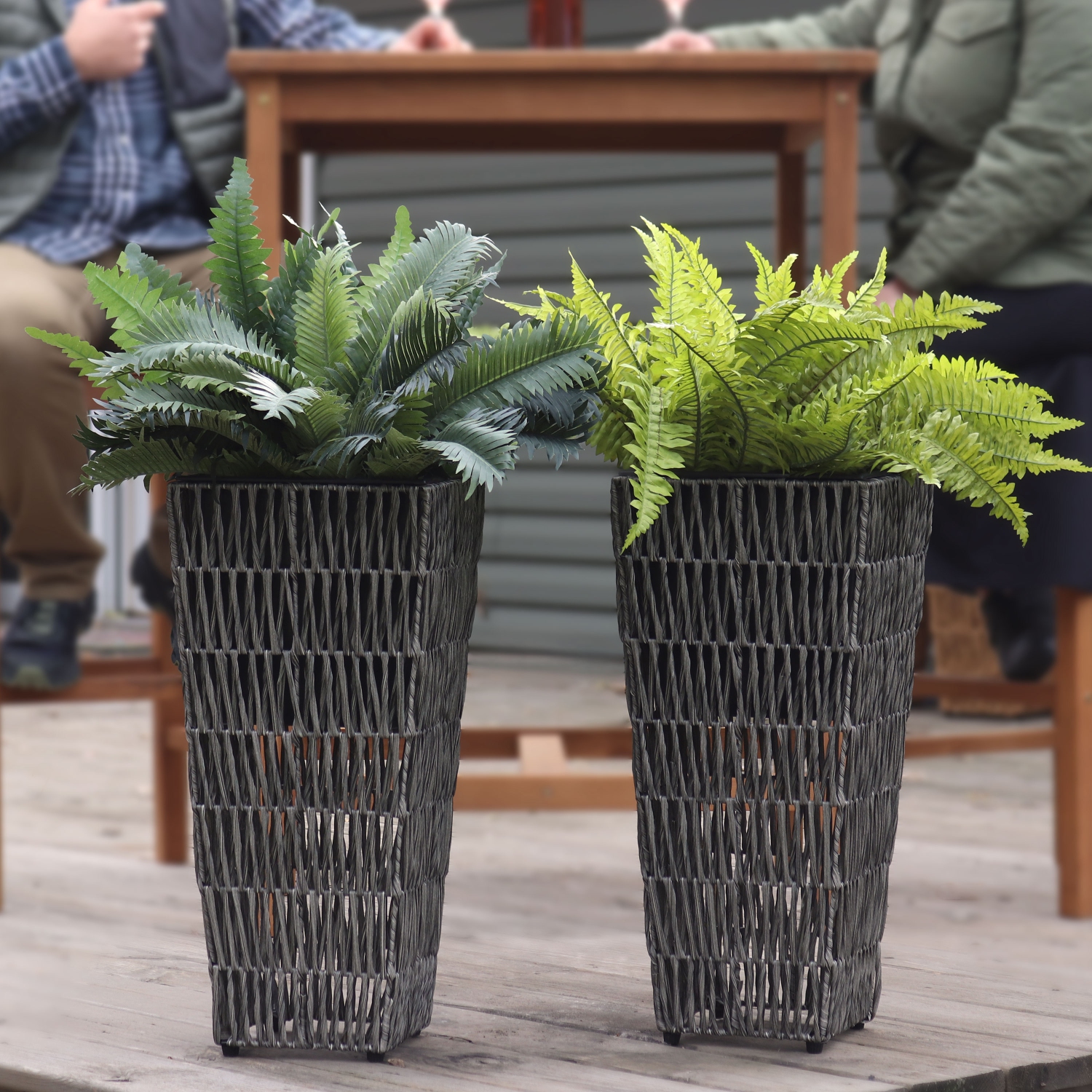 Sunnydaze 11 in Hyacinth Poly-Wicker Planter - Fog - Set of 2