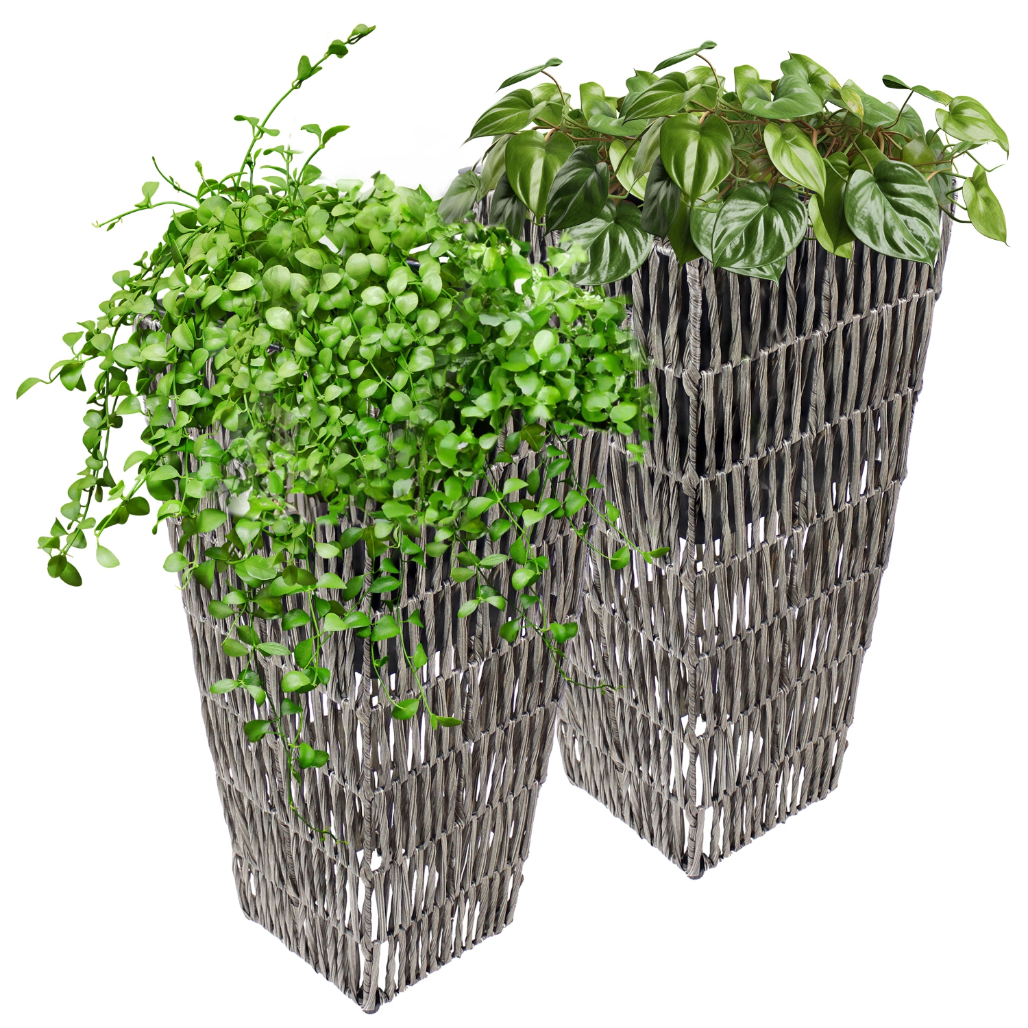 Sunnydaze 11 in Hyacinth Poly-Wicker Planter - Fog - Set of 2