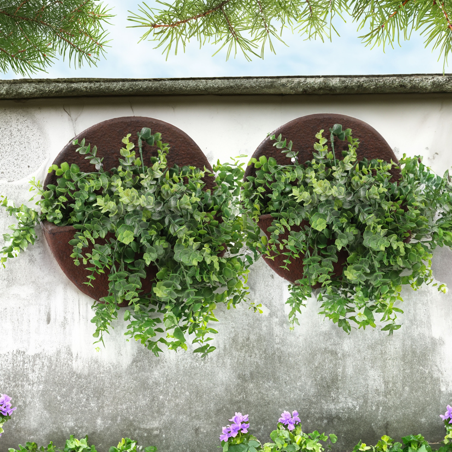 Sunnydaze 12 in Round Wall-Mounted Outdoor Planter - Dark Brown - Set of 2