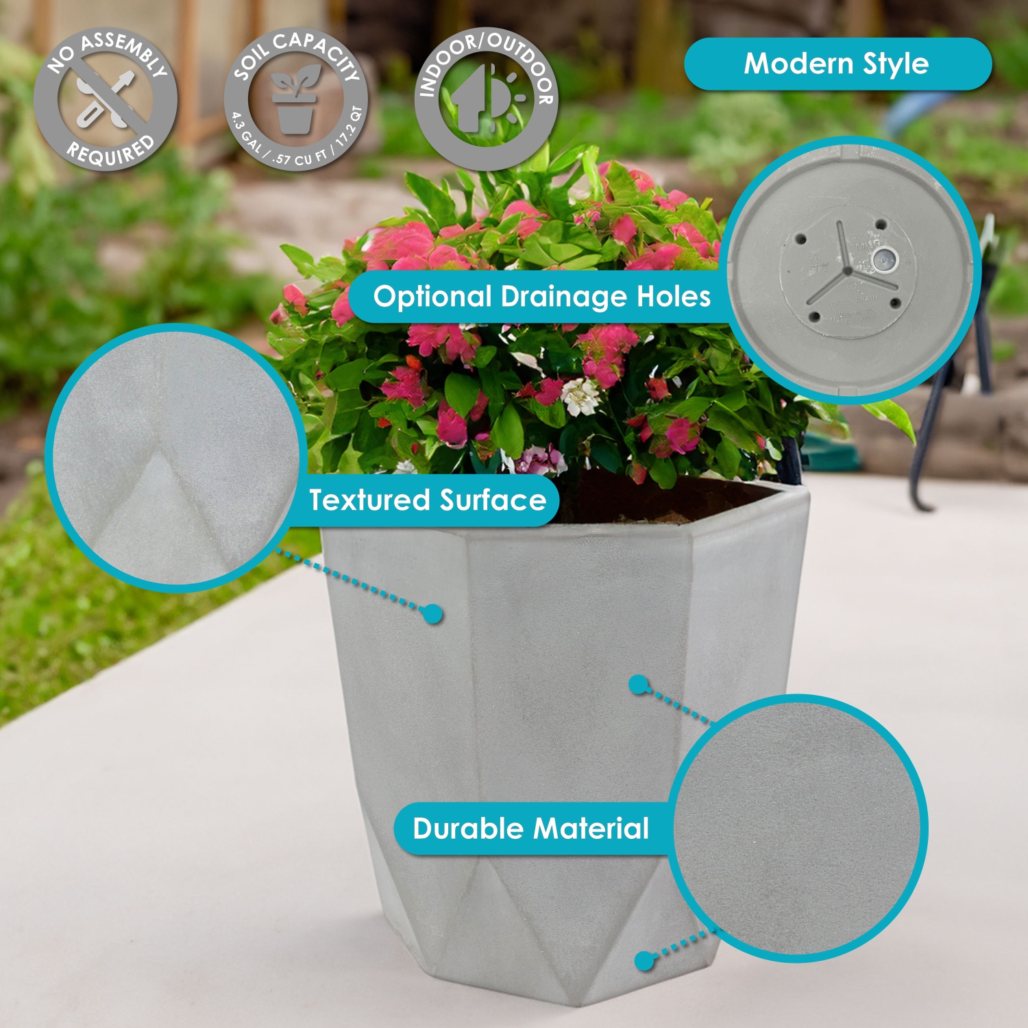 Sunnydaze 14.25 in Modern Faceted Polyresin Outdoor Planter - Light Gray