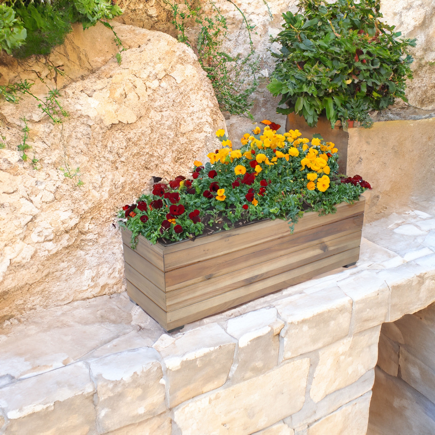 Sunnydaze 24.25 in Rectangle Wood Planter Box with Liner - Anthracite Stain