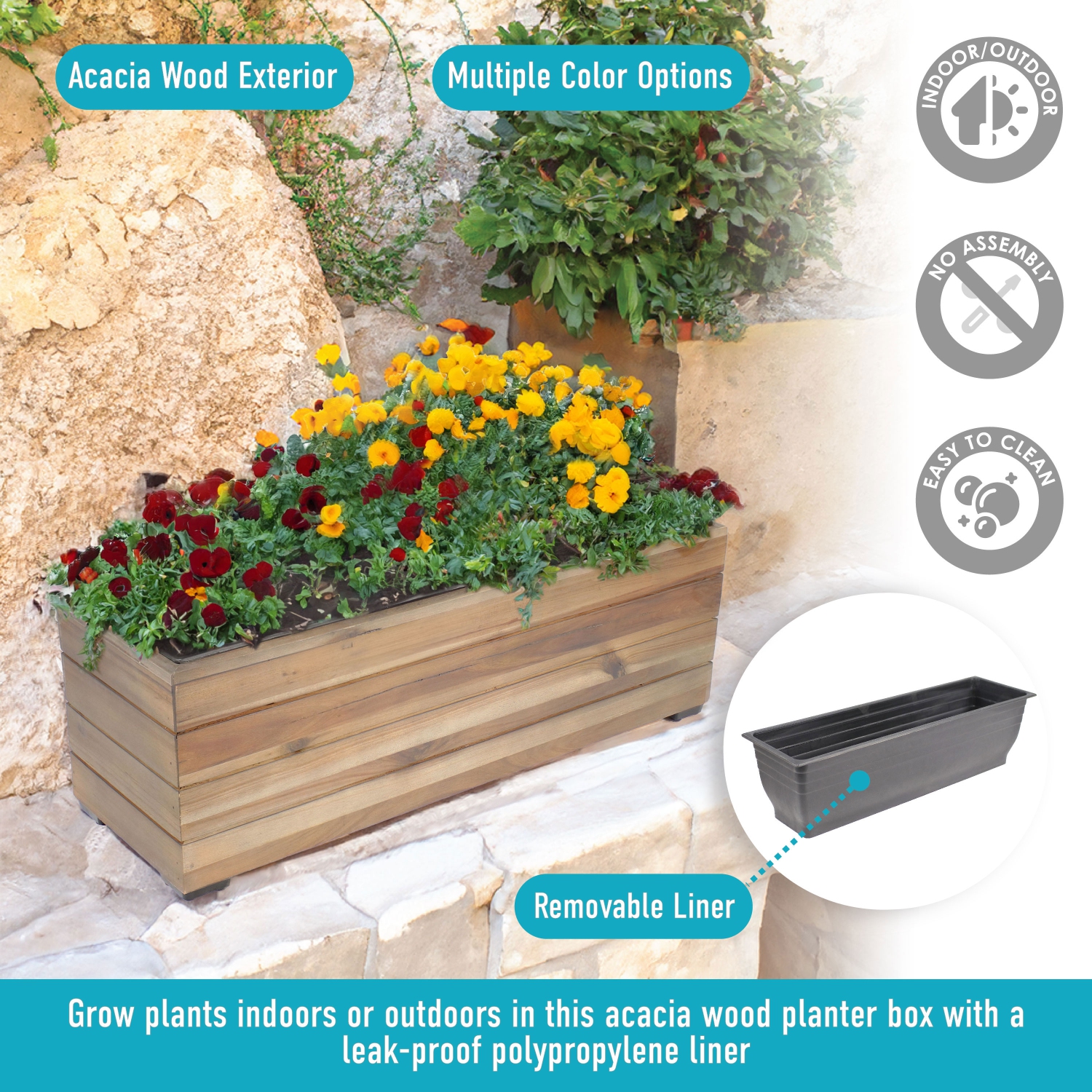 Sunnydaze 24.25 in Rectangle Wood Planter Box with Liner - Anthracite Stain