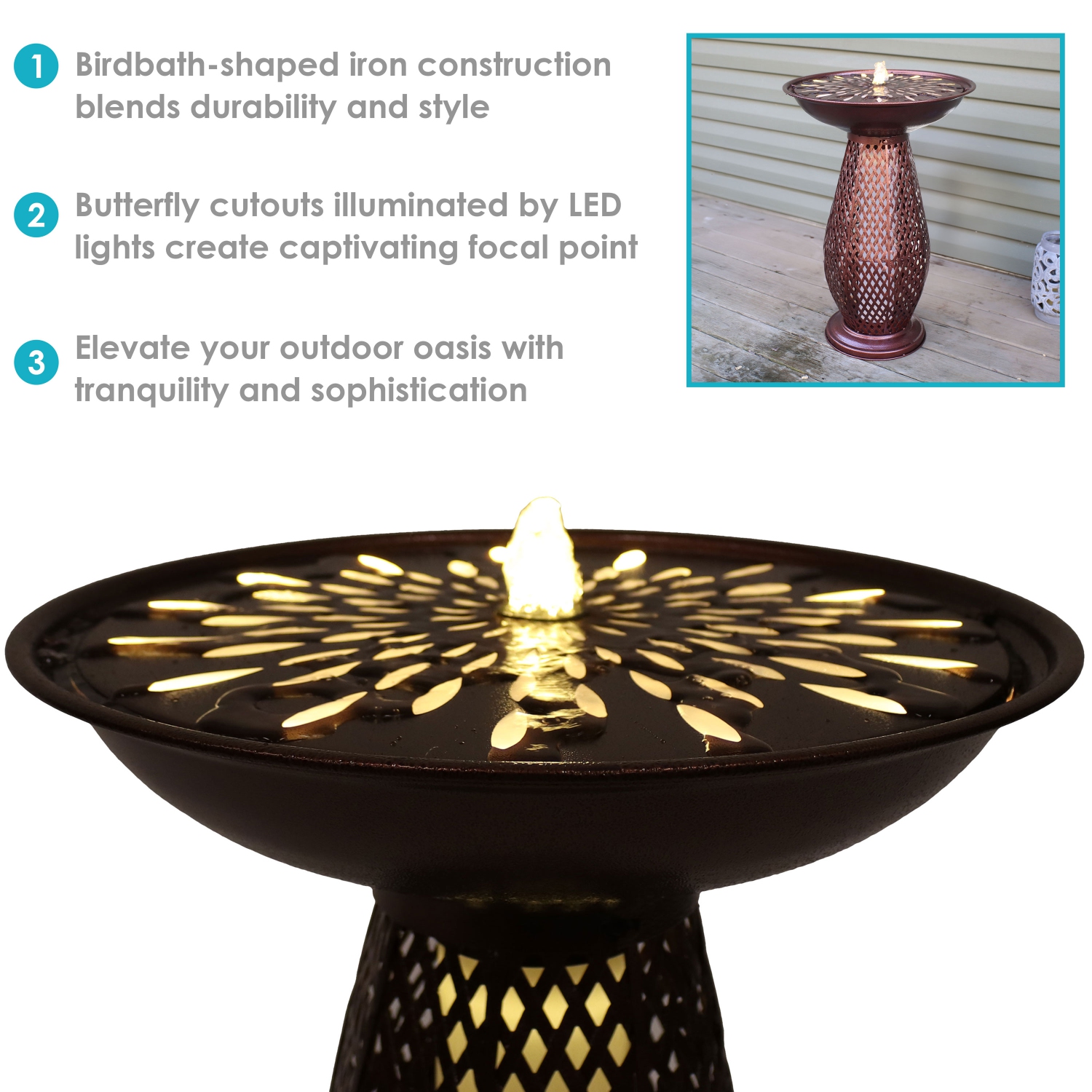 Sunnydaze Iron Crosshatch Bird Bath Water Fountain with LED Lights