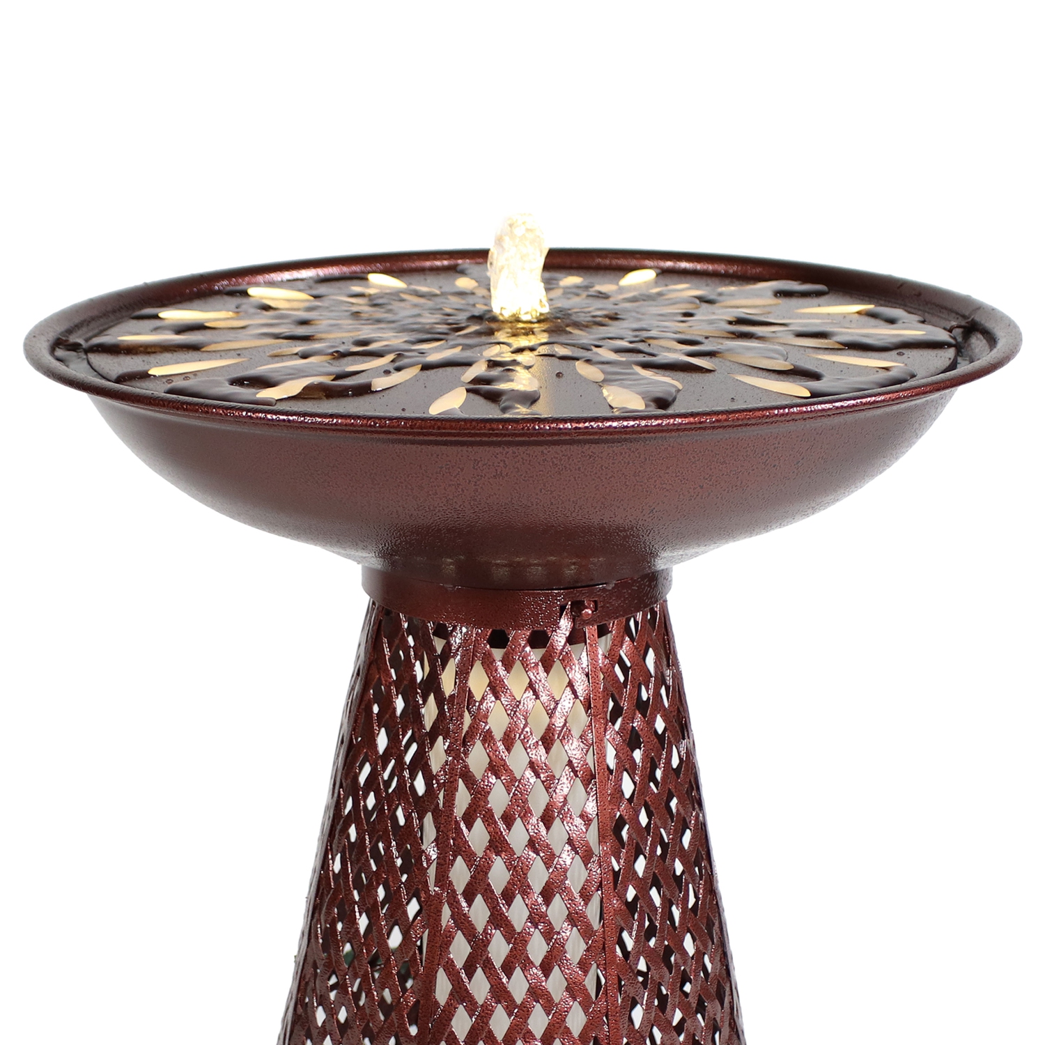 Sunnydaze Iron Crosshatch Bird Bath Water Fountain with LED Lights