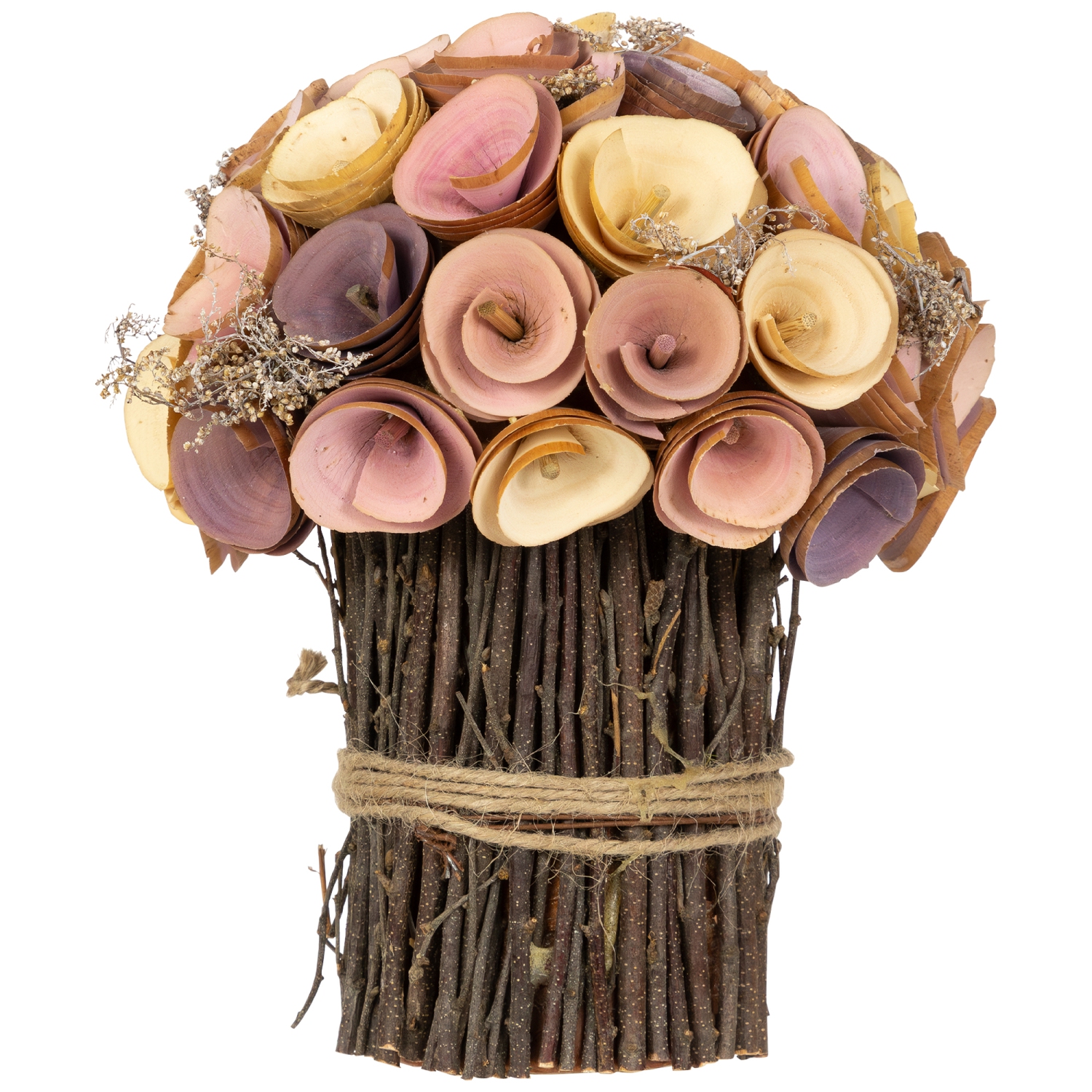 Wood Shaved Artificial Floral Spring Bouquet - 8.25" - Pink and Yellow