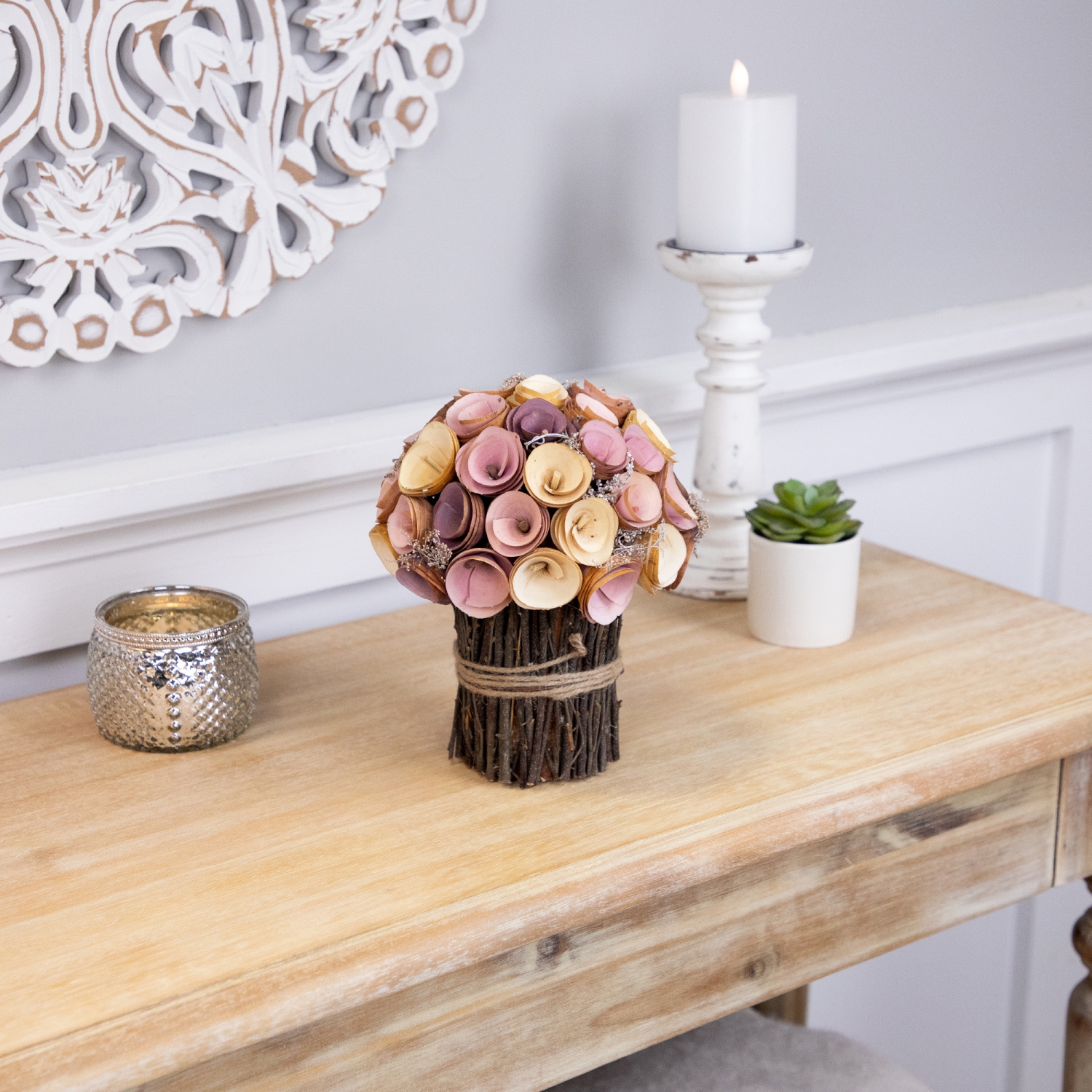 Wood Shaved Artificial Floral Spring Bouquet - 8.25" - Pink and Yellow