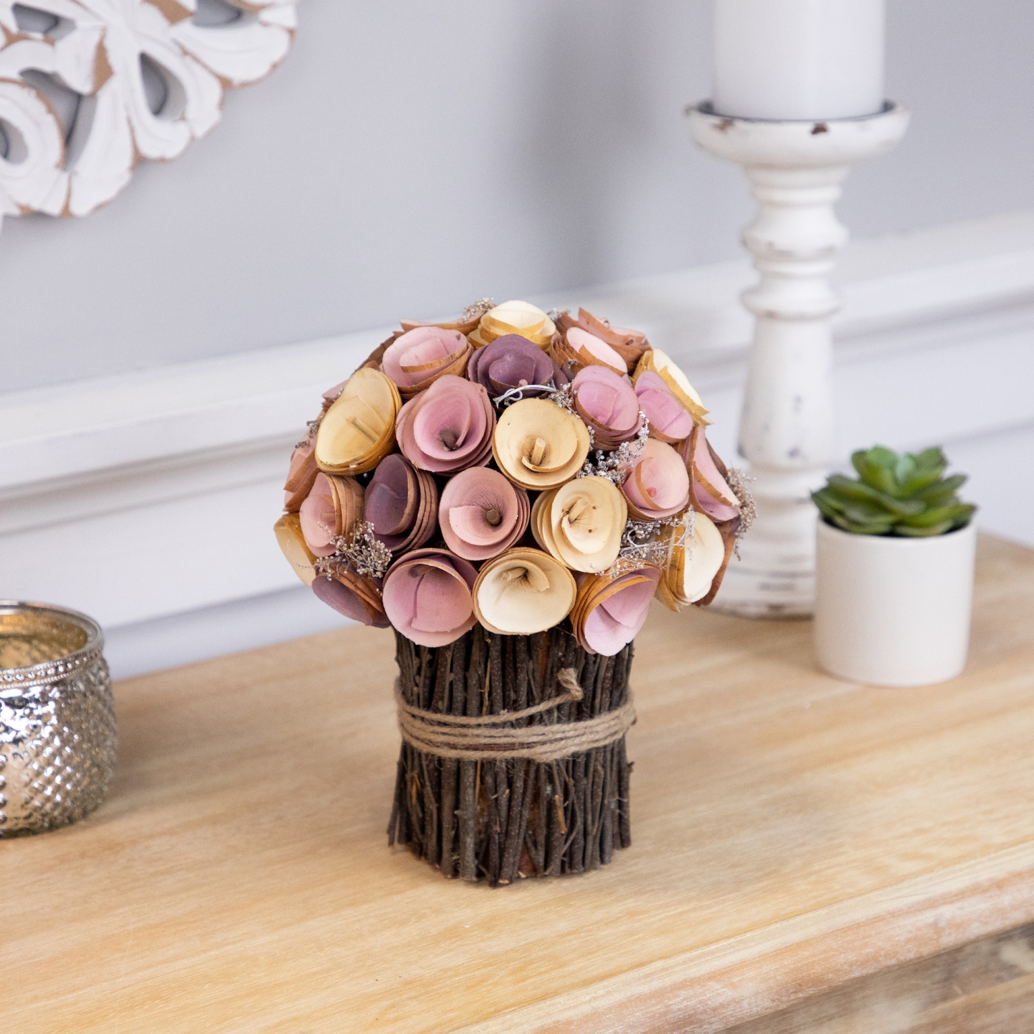Wood Shaved Artificial Floral Spring Bouquet - 8.25" - Pink and Yellow
