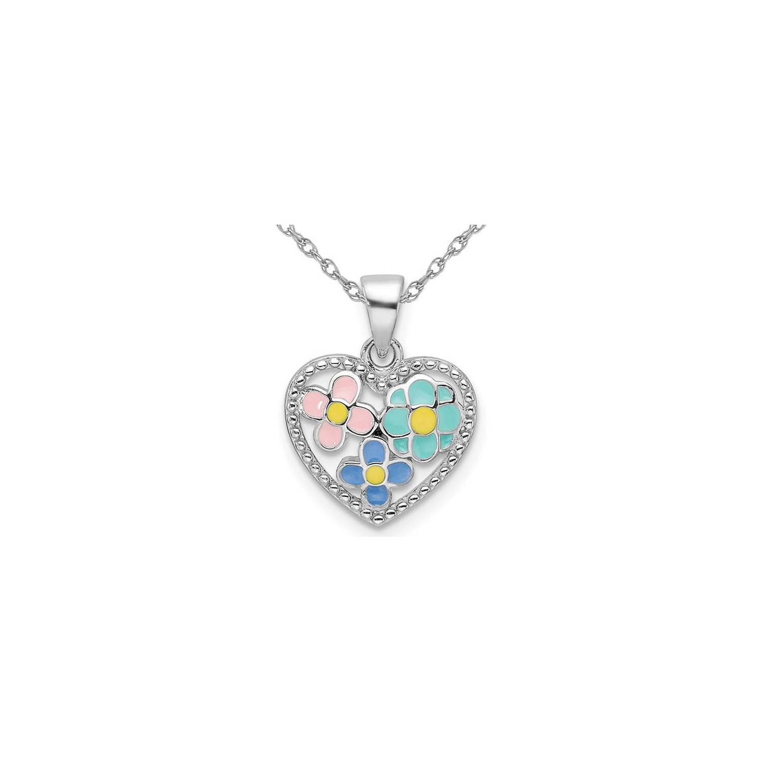 Sterling Silver Heart Colored Flower Pendant Necklace with Chain