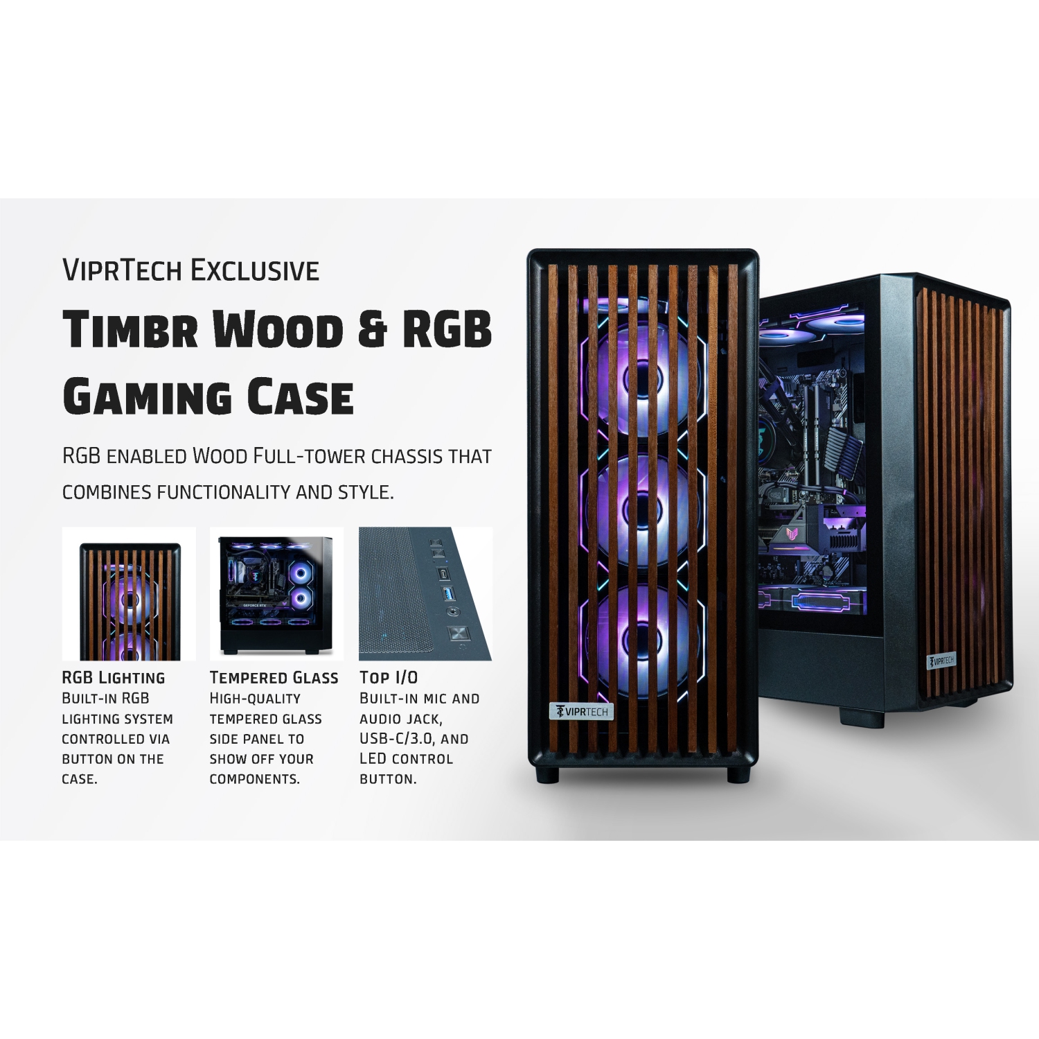 ViprTech Overlord 2.0 Wood Gaming PC - AMD Ryzen 7 5700X, AMD RX 9060 XT 16GB, 32GB DDR4, 2TB SSD, 800W Gold, VR-Ready, Keyboard Mouse, Desktop, Black