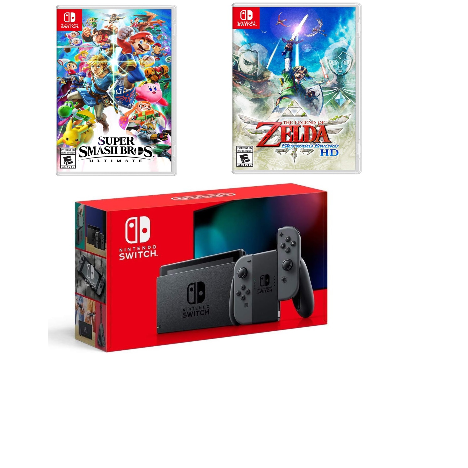 Nintendo Switch Console with Gray Joy-Con (Japan Spec) bundles with Super Smash Bros. Ultimate - Nintendo Switch Game & The Legend of Zelda Skyward Sword - Nintendo Switch Game