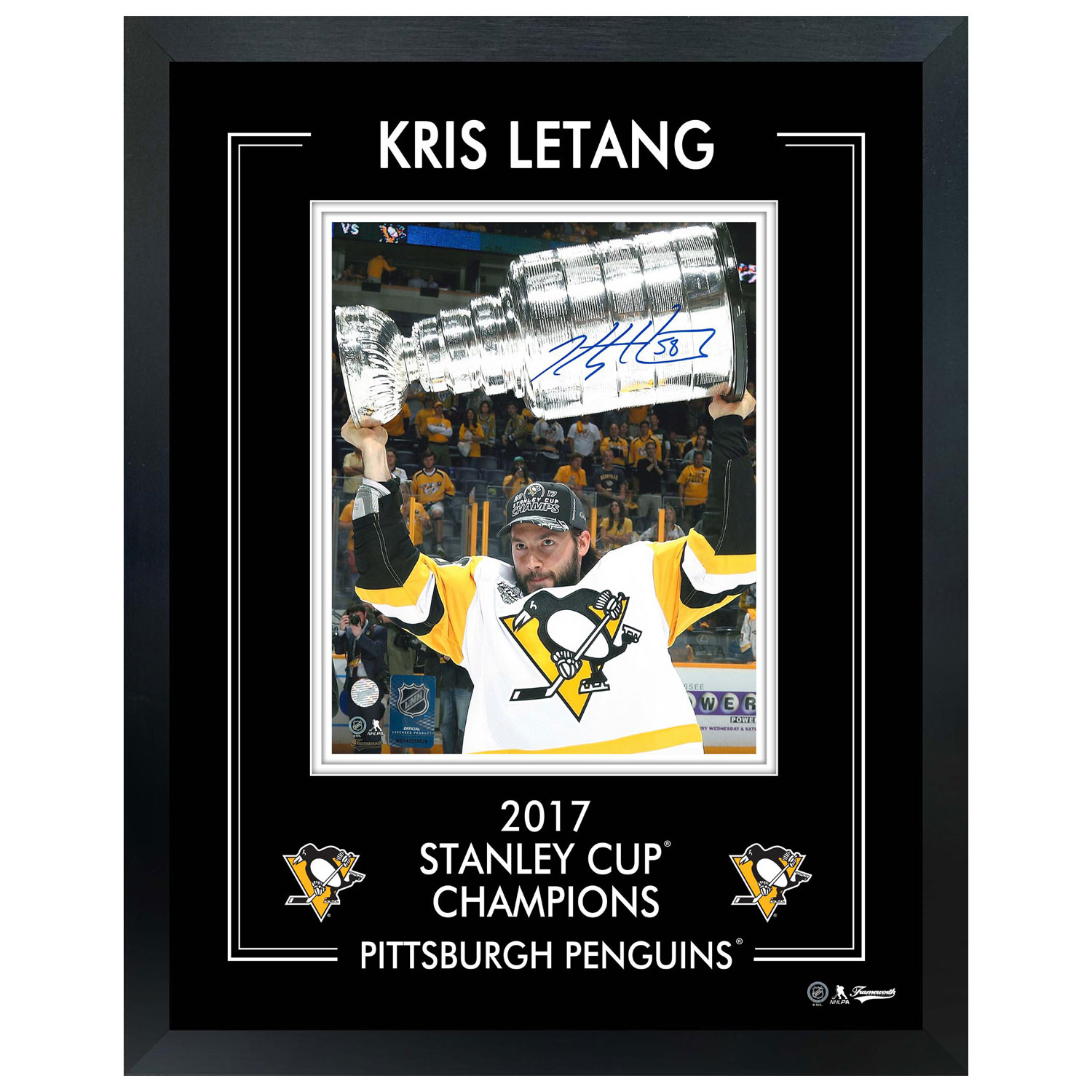 Frameworth Pittsburgh Penguins: Kris Letang 2017 Stanley Cup-V Framed Signed Photo (16x20")