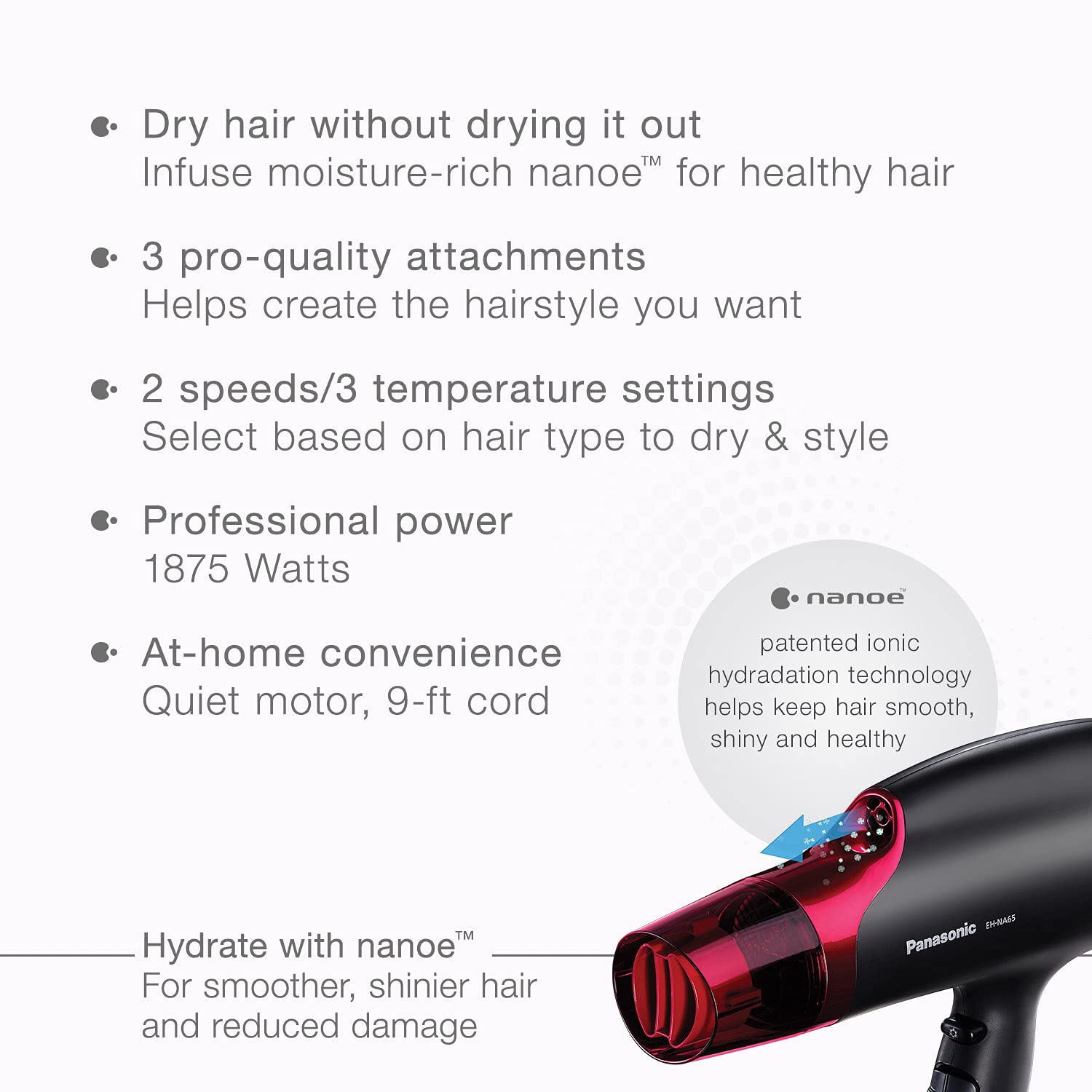 Panasonic EH-NA65-K Nanoe Hair Dryer, 1875 Watt Professional Blow Dryer