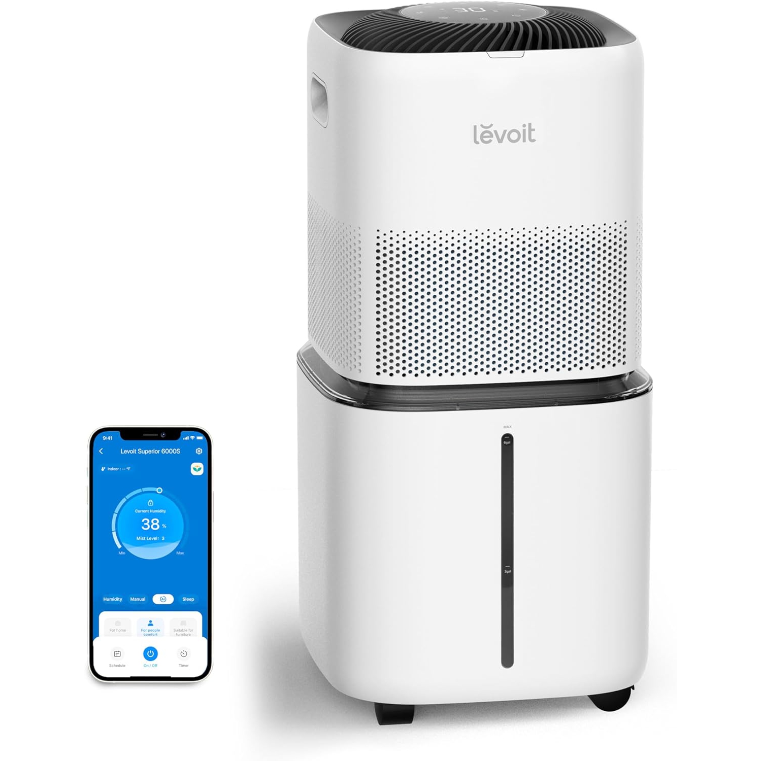 LEVOIT Smart Evaporative Humidifier for Large Room and Home Whole House up to 3000ft², 6 Gal, Last 72-Hour, Premium Filter, Dry Mode, Water Fill Hose & Foldable Storage