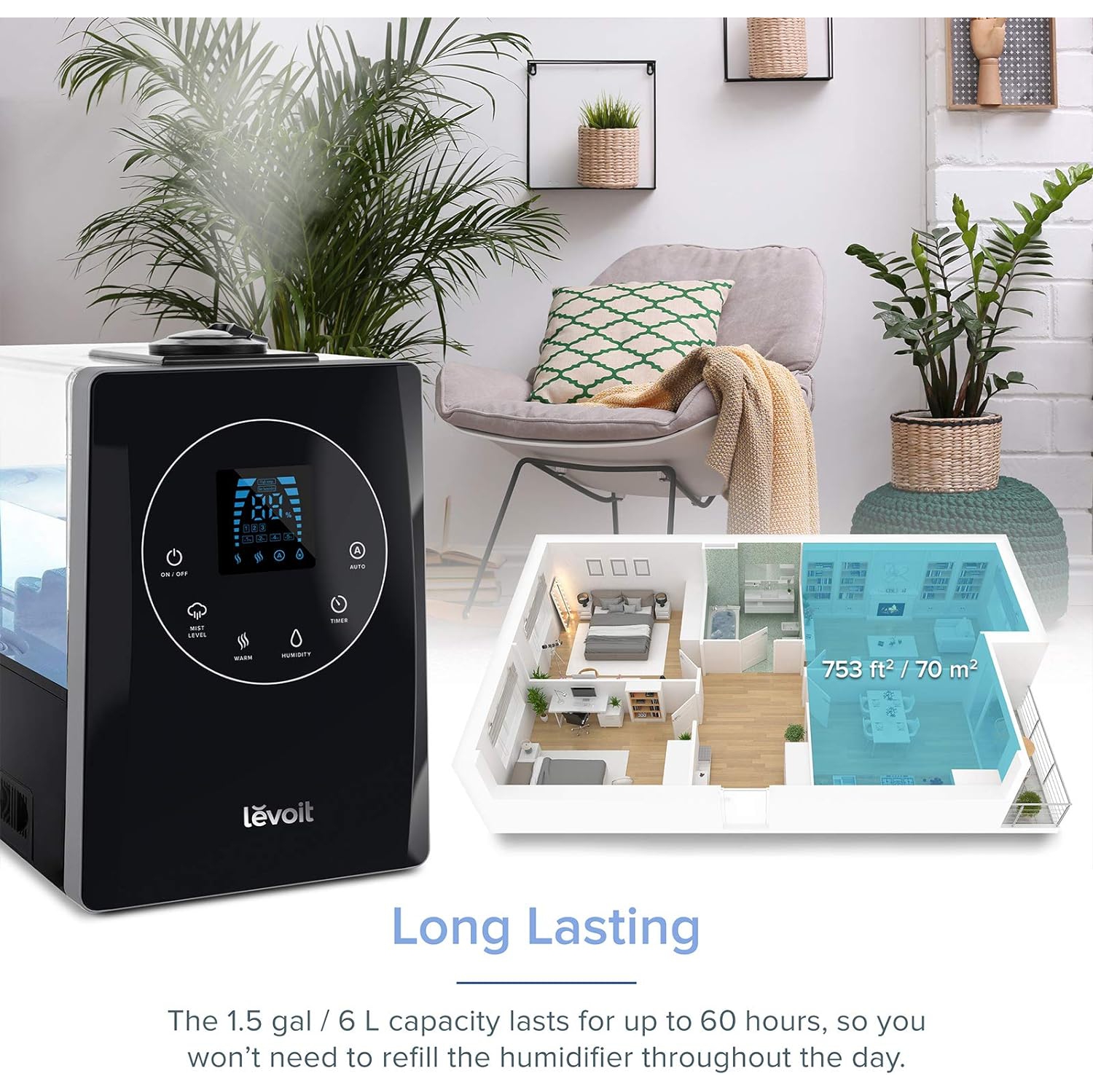 LEVOIT Humidifier for Bedroom, Warm and Cool Mist Humidifiers for Plants, Large Room, 6L Air Humidifier with RC, Essential Oil, Filterless, Auto