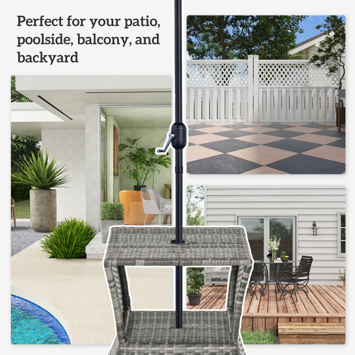 Outsunny Rattan Wicker Outdoor Coffee Table, All Weather Side Table with Umbrella Hole, 2 Tier Storage Shelf, 21.3" Square End Table for Patio,