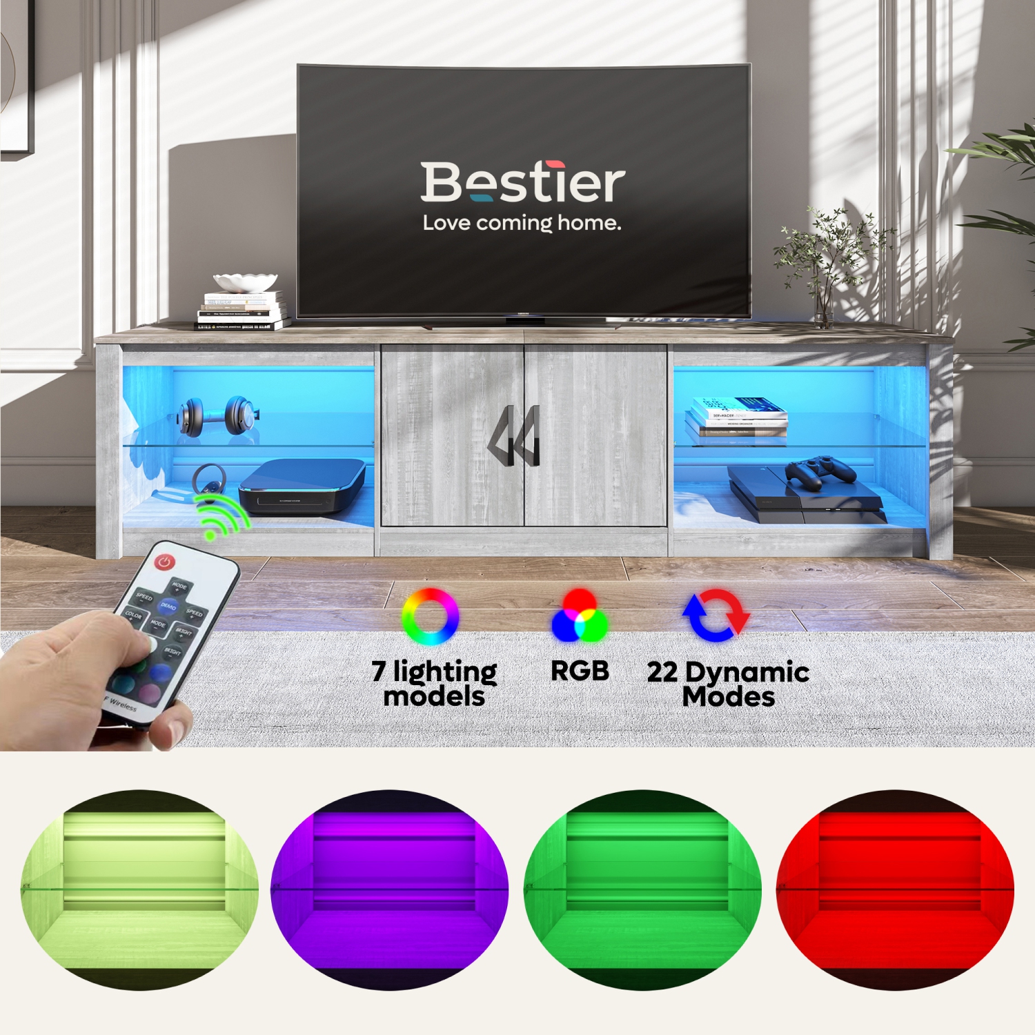 Meuble pour téléviseur DEL de 70&nbsp;po de Bestier pour téléviseur de 75&nbsp;po Grand centre de divertissement avec tablettes en verre réglables