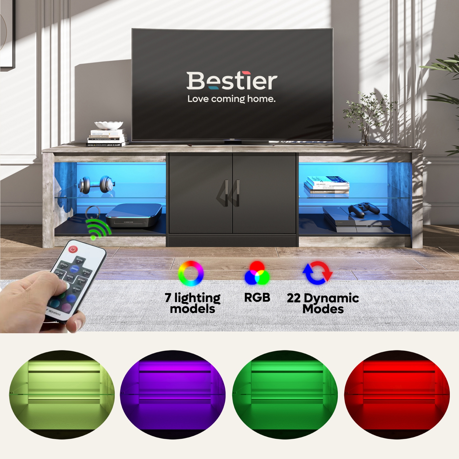 Bestier 70 Inch Led TV Stand for 75 Inch TV Large Entertainment Center Gaming with Adjustable Glass Shelves Two Cabinets Modern TV Console for Living