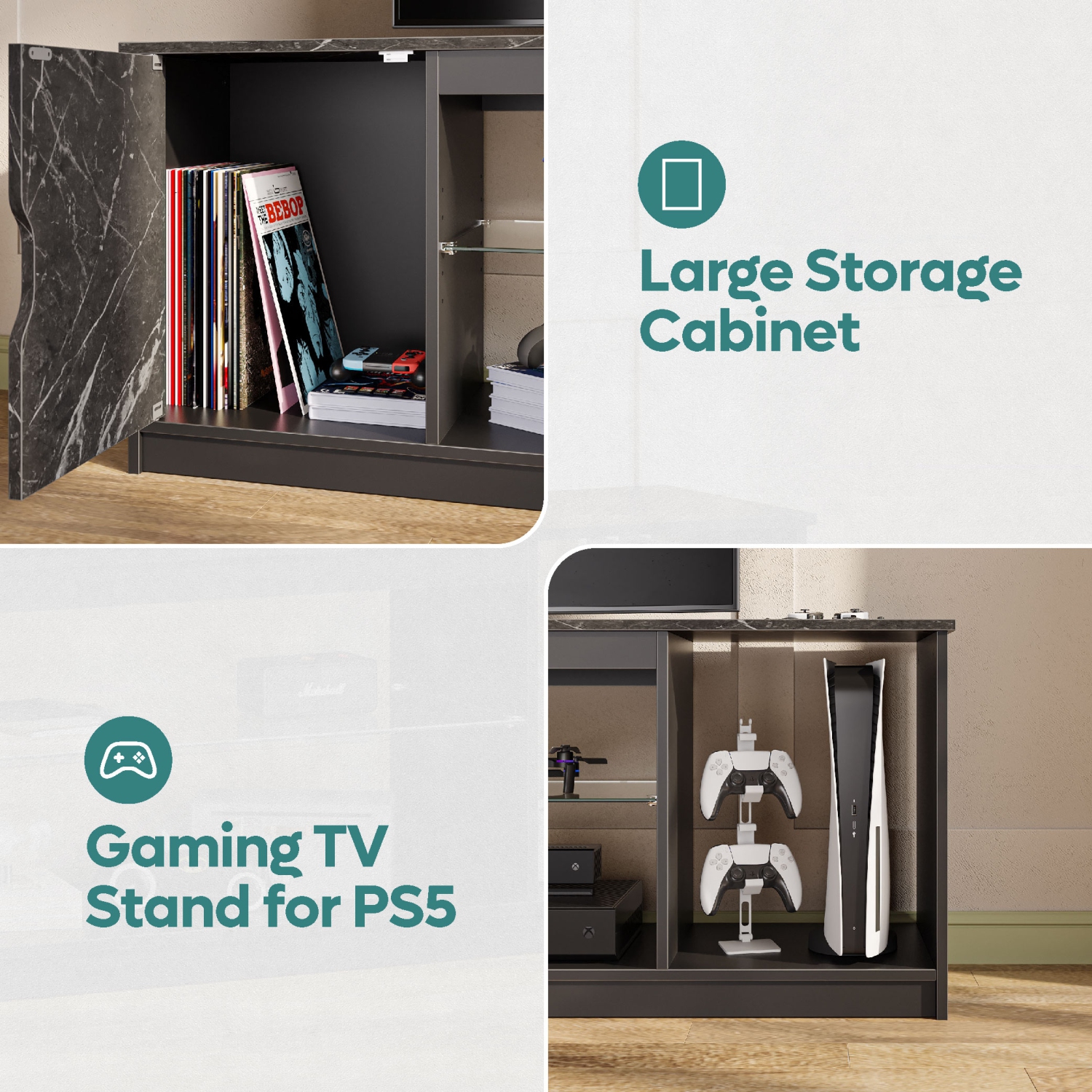 Bestier LED TV Stand for PS5, Modern Gaming Entertainment Center Cabinet for 65 inch TV, Easily Assemble TV Console with Adjustable Glass Shelf for