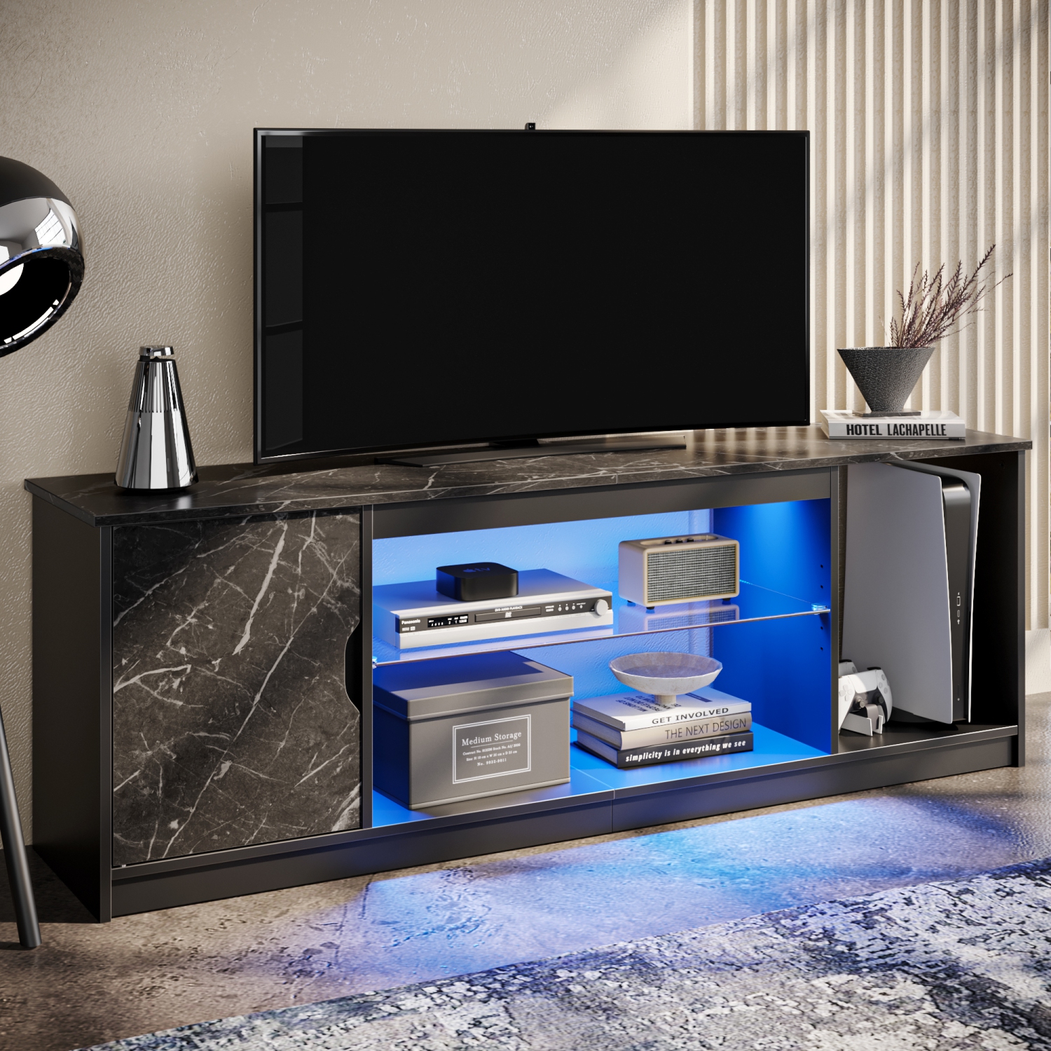 Bestier LED TV Stand for PS5, Modern Gaming Entertainment Center Cabinet for 65 inch TV, Easily Assemble TV Console with Adjustable Glass Shelf for