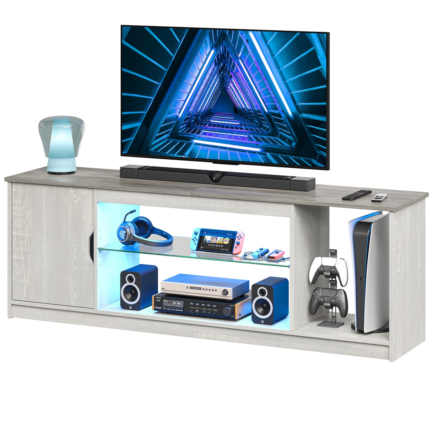 Bestier LED TV Stand for PS5, Modern Gaming Entertainment Center Cabinet for 65 inch TV, Easily Assemble TV Console with Adjustable Glass Shelf for Living Room Bedroom