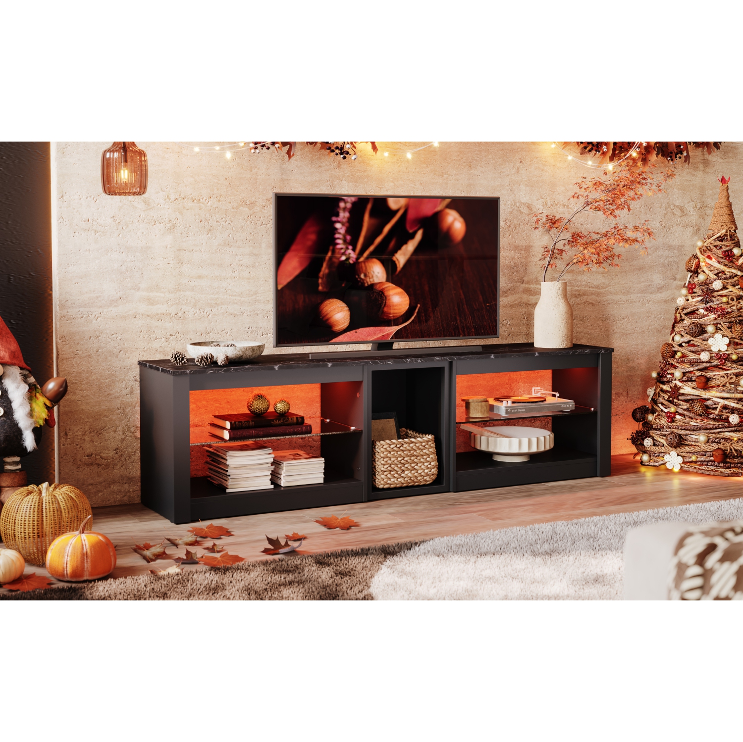 Bestier TV Stand for 70 inch TV, Gaming Entertainment Center for PS5, LED TV Cabinet with Glass Shelves for Living Room, 63'' Inch, Black Marble