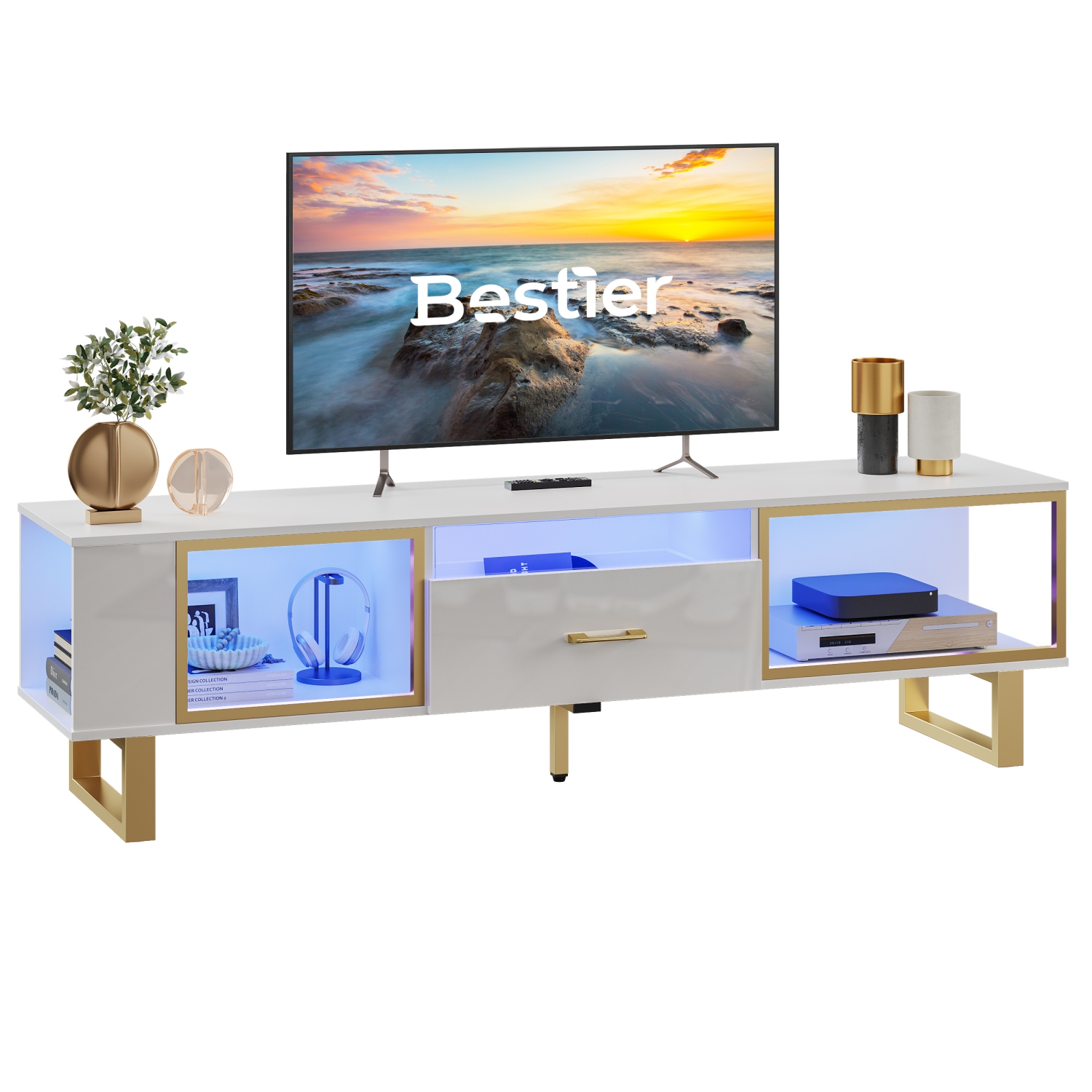 Bestier TV Stand with LED Light for TVs up to 80 inch, Modern Entertainment Center with Open Storage and Half-Glass Design Drawer, High Gloss Media Console for Living Room Bedroom