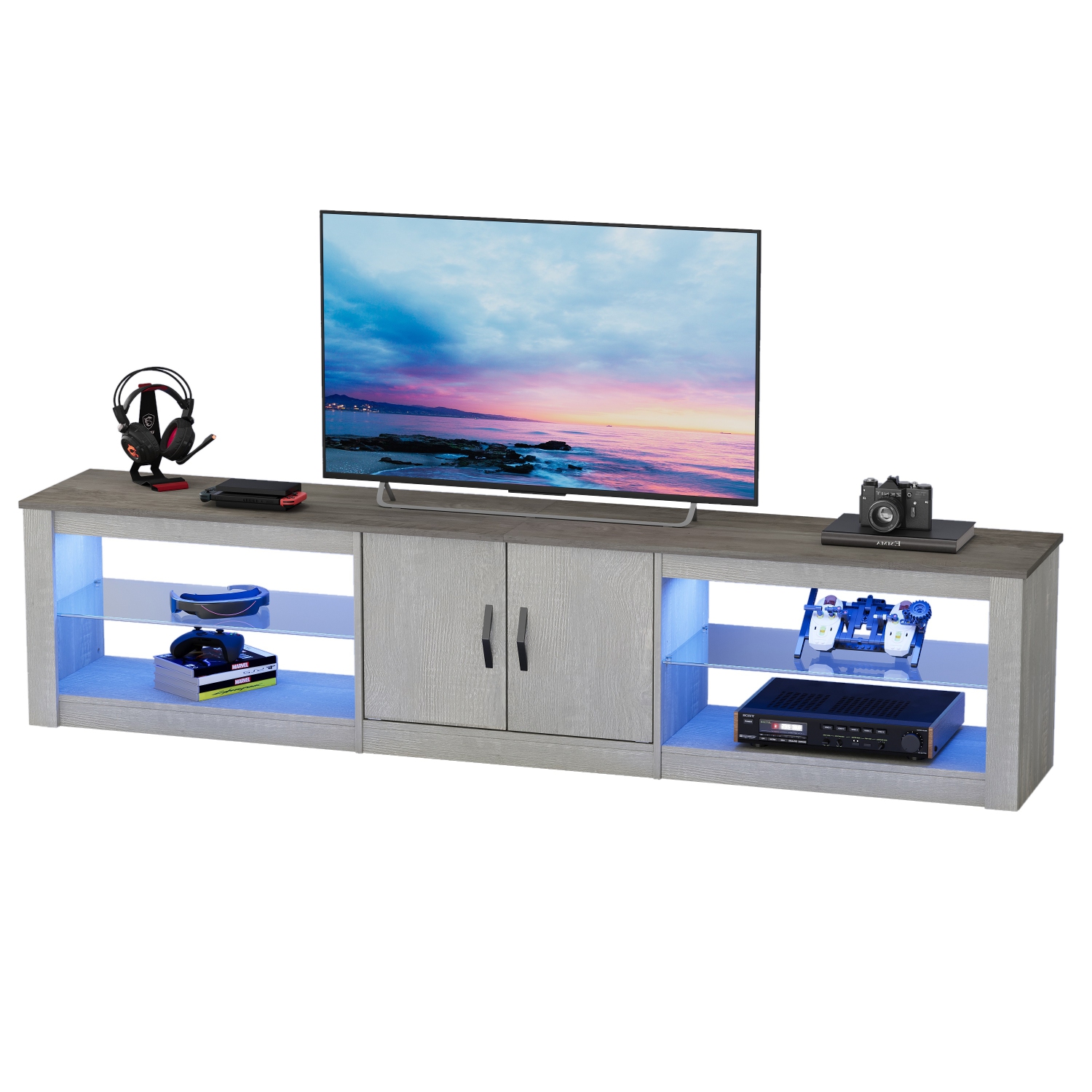 Bestier 80 Inch TV Stand for Large TVs 55/65/75/85/ inch, LED Entertainment Center with Two Cabinets, Adjustable Glass Shelves ＆ Cable Management, Gaming Tv Console for Living Room