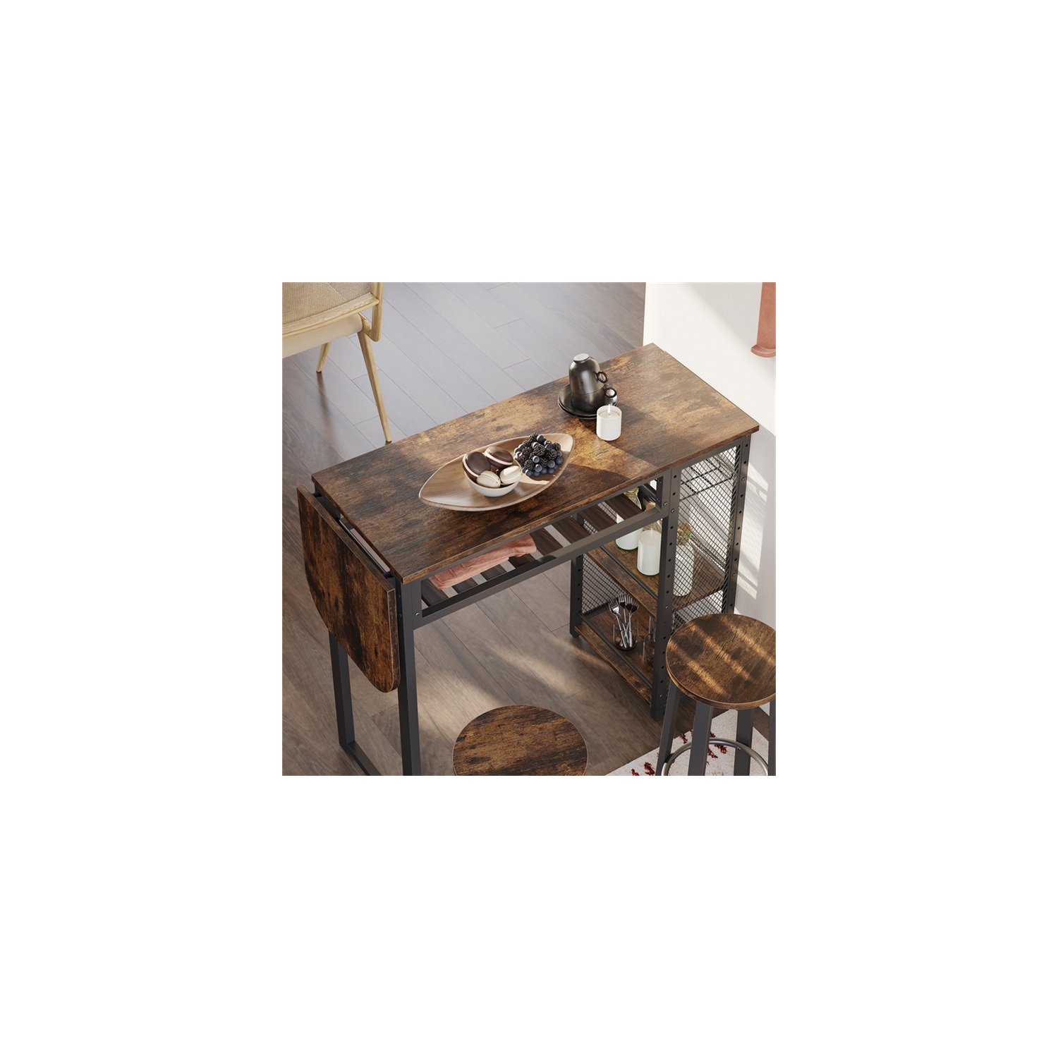 Bestier Bar Table and Chair Set, Industrial Expandable Dining Table with 2 Bar Stools, Kitchen Counter with Wine Rack & 3 Tier Adjustable Storage