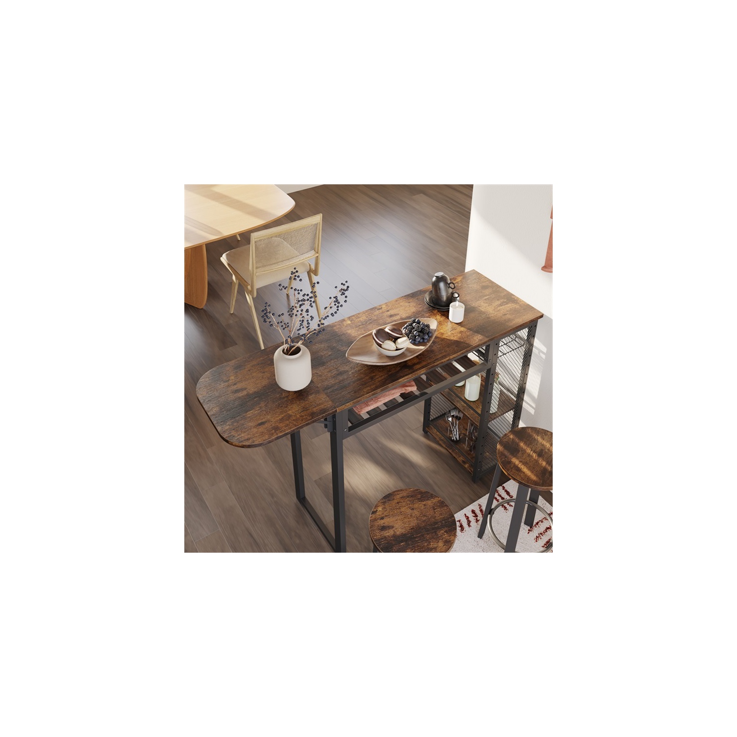 Bestier Bar Table and Chair Set, Industrial Expandable Dining Table with 2 Bar Stools, Kitchen Counter with Wine Rack & 3 Tier Adjustable Storage