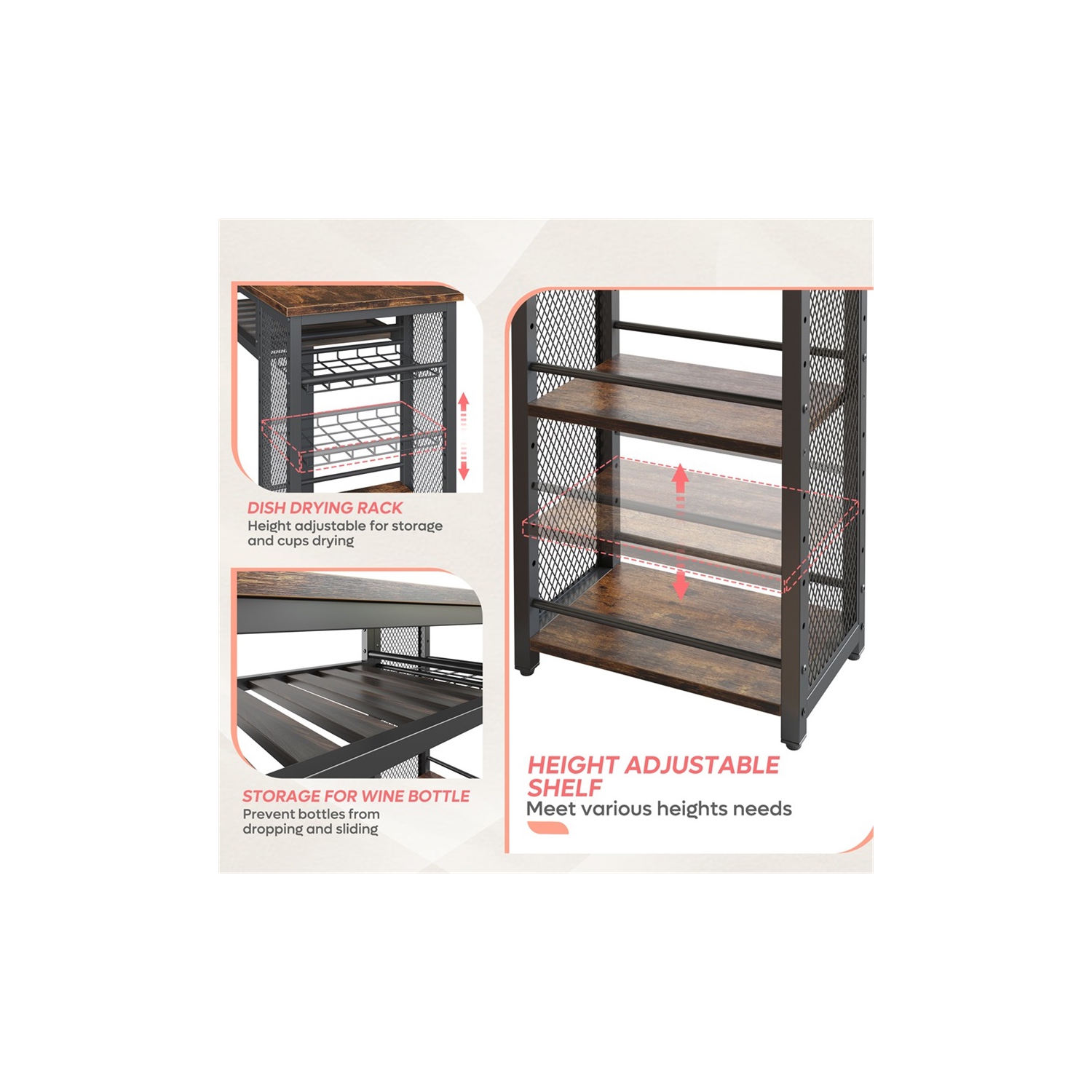 Bestier Bar Table and Chair Set, Industrial Expandable Dining Table with 2 Bar Stools, Kitchen Counter with Wine Rack & 3 Tier Adjustable Storage