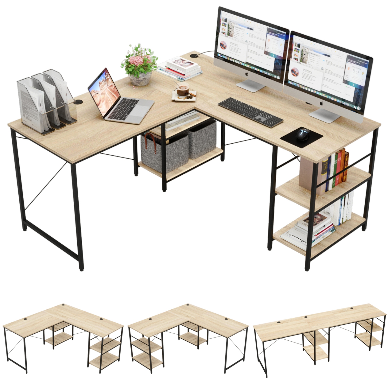 Bestier L Shaped Desk with Shelves 95.2 Inch Reversible Corner Computer Desk or 2 Person Long Table for Home Office Large Gaming Writing Storage