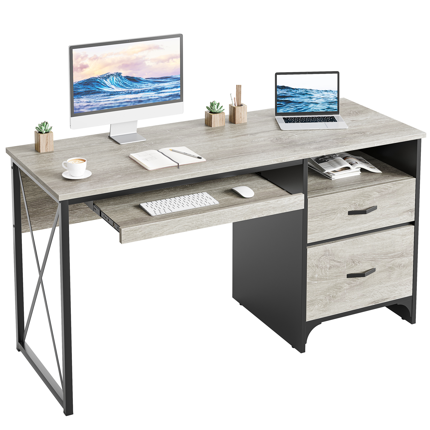 Bestier Industrial Desk with Storage Drawers 55 inch Writing Study Computer Table Workstation with Keyboard Tray for Home Office, Light Gray Oak