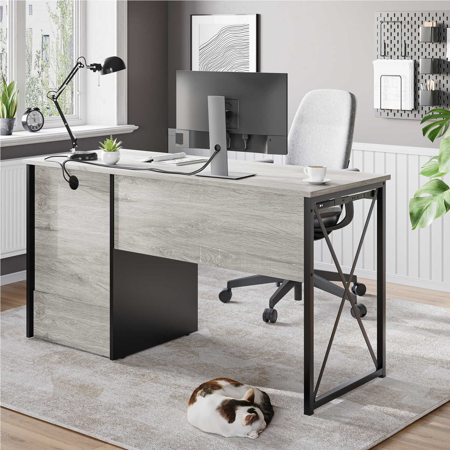 Bestier Industrial Desk with Storage Drawers 55 inch Writing Study Computer Table Workstation with Keyboard Tray for Home Office, Light Gray Oak