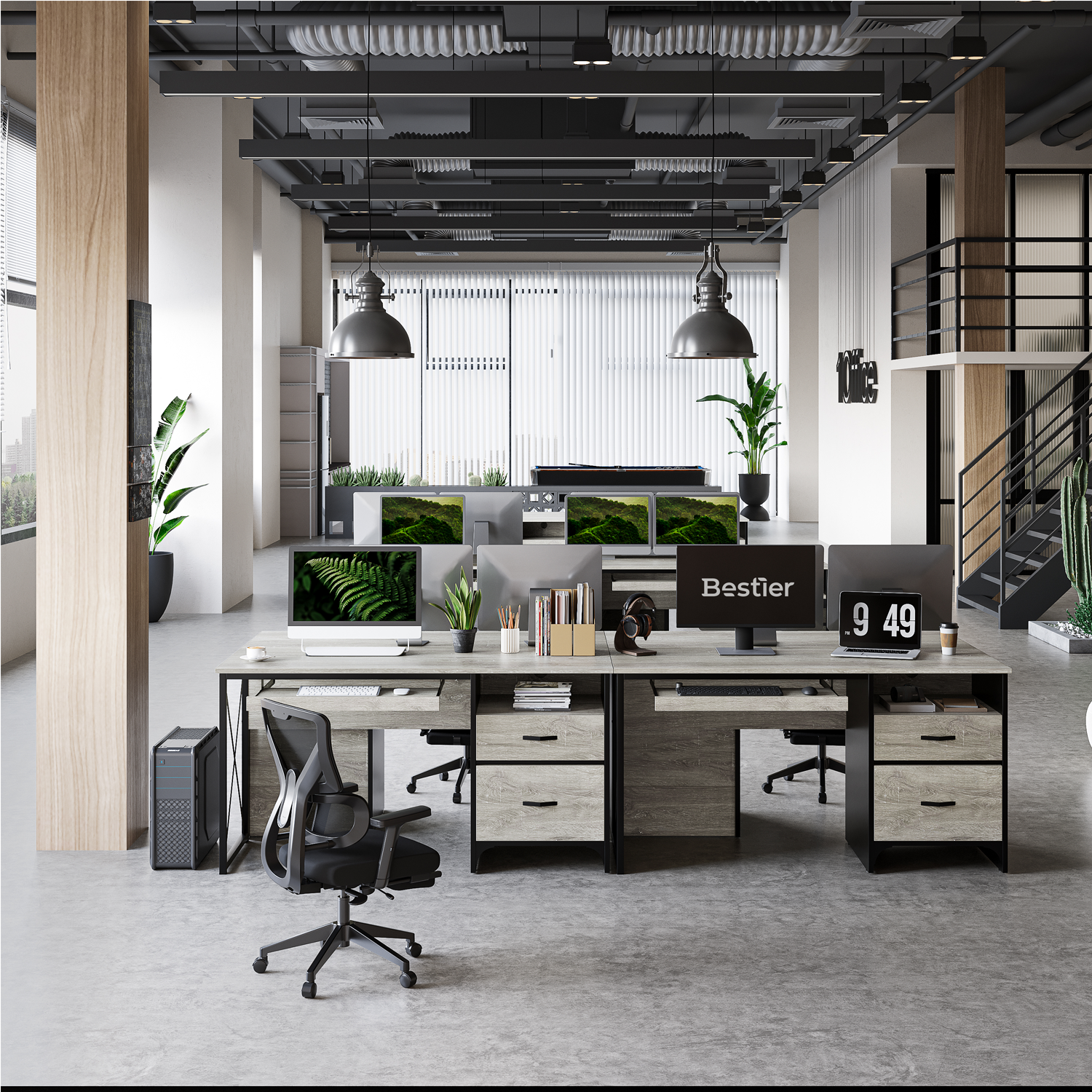 Bestier Industrial Desk with Storage Drawers 55 inch Writing Study Computer Table Workstation with Keyboard Tray for Home Office, Light Gray Oak