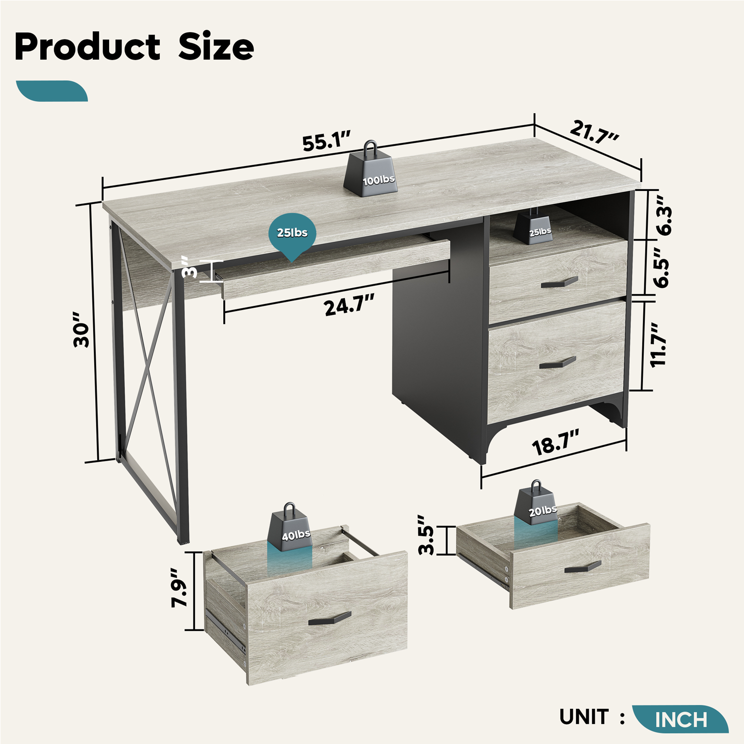 Bestier Industrial Desk with Storage Drawers 55 inch Writing Study Computer Table Workstation with Keyboard Tray for Home Office, Light Gray Oak