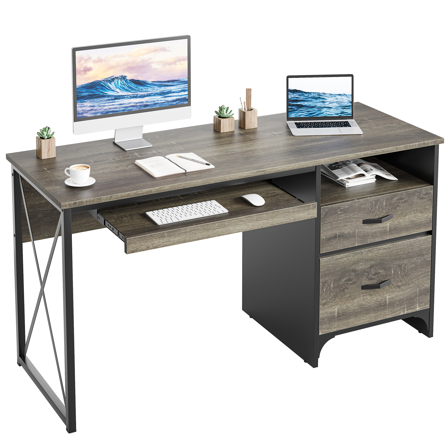 Bestier – Bureau industriel avec tiroirs de rangement 55&nbsp;po, poste de travail d’étude d’écriture, table d’ordinateur avec plateau pour clavier