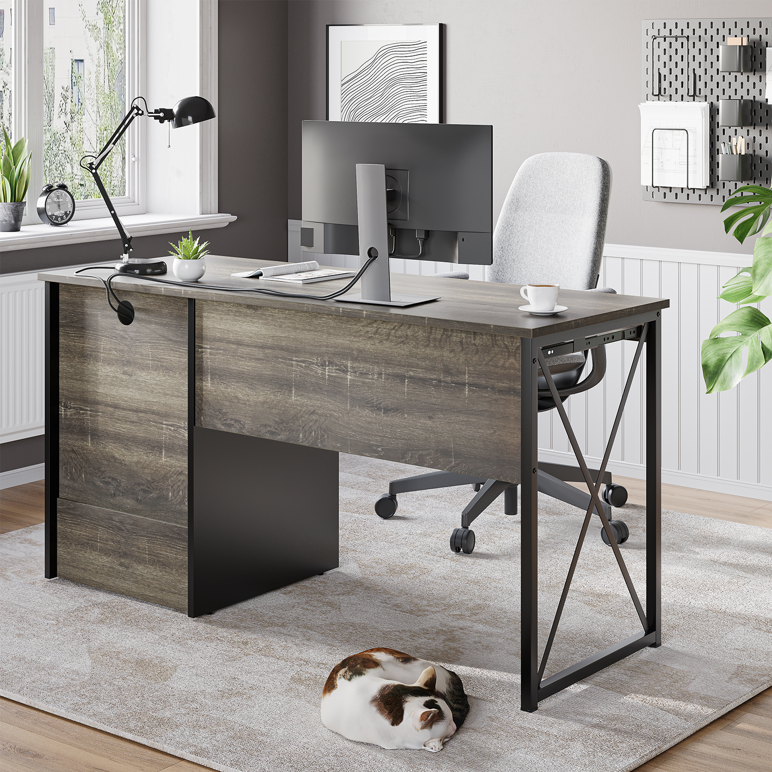 Bestier – Bureau industriel avec tiroirs de rangement 55&nbsp;po, poste de travail d’étude d’écriture, table d’ordinateur avec plateau pour clavier