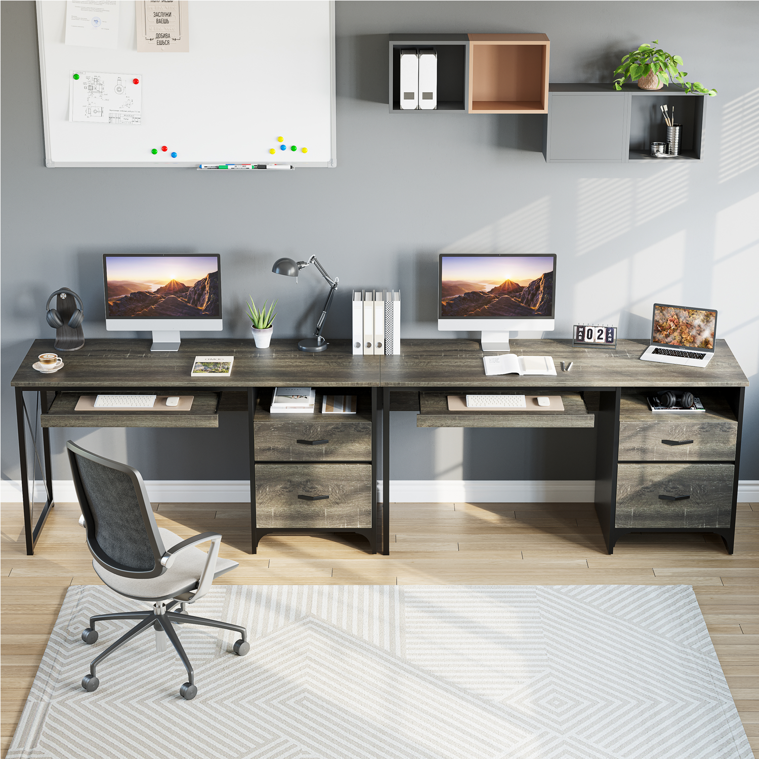 Bestier – Bureau industriel avec tiroirs de rangement 55&nbsp;po, poste de travail d’étude d’écriture, table d’ordinateur avec plateau pour clavier