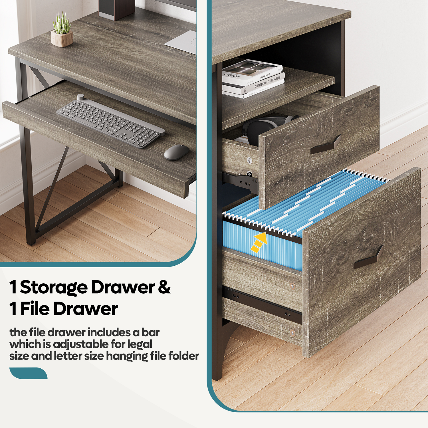 Bestier – Bureau industriel avec tiroirs de rangement 55&nbsp;po, poste de travail d’étude d’écriture, table d’ordinateur avec plateau pour clavier