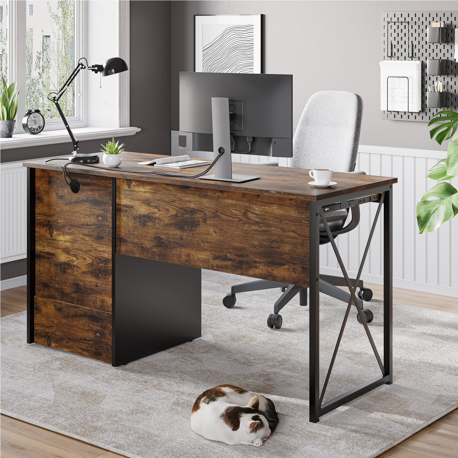 Bestier Industrial Desk with Storage Drawers 55 inch Writing Study Computer Table Workstation with Keyboard Tray for Home Office, Rustic Brown