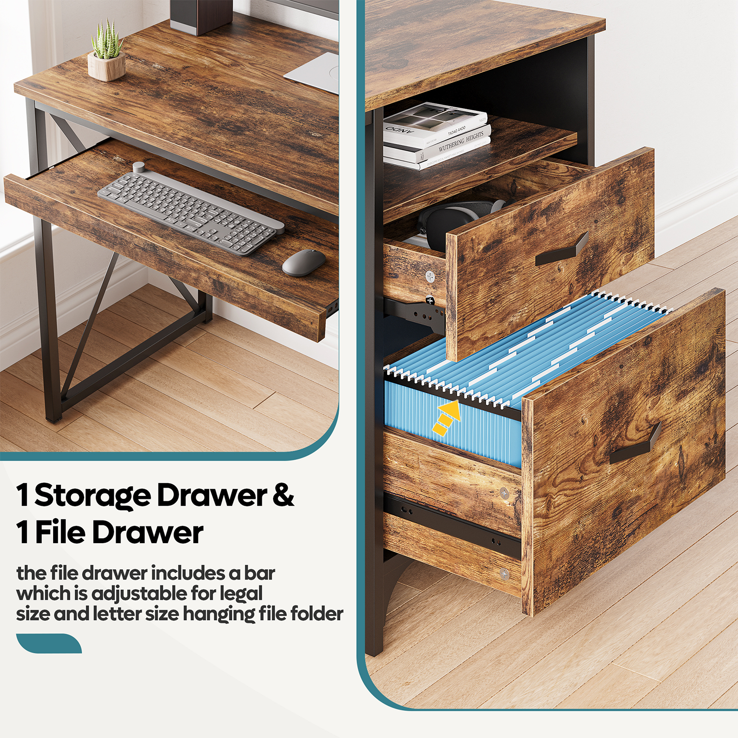 Bestier Industrial Desk with Storage Drawers 55 inch Writing Study Computer Table Workstation with Keyboard Tray for Home Office, Rustic Brown