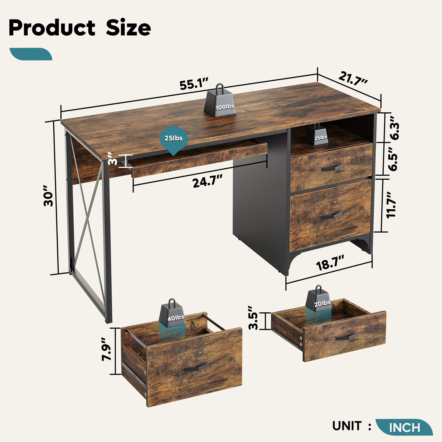 Bestier Industrial Desk with Storage Drawers 55 inch Writing Study Computer Table Workstation with Keyboard Tray for Home Office, Rustic Brown