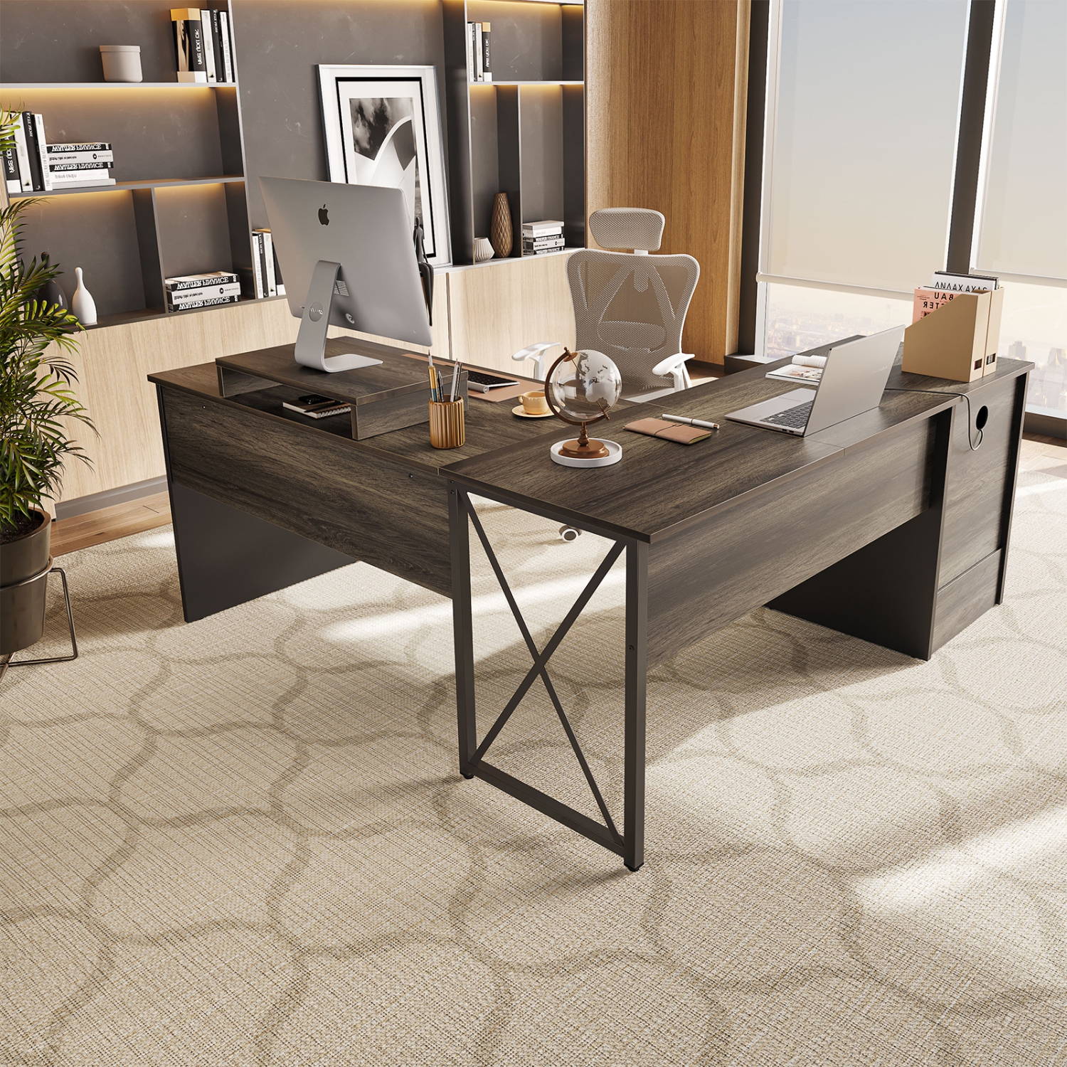 Bestier – Bureau en L à dessus relevable avec tiroir classeur, bureau de 55 x 55&nbsp;po avec tiroirs de rangement réversibles, bureau debout en L