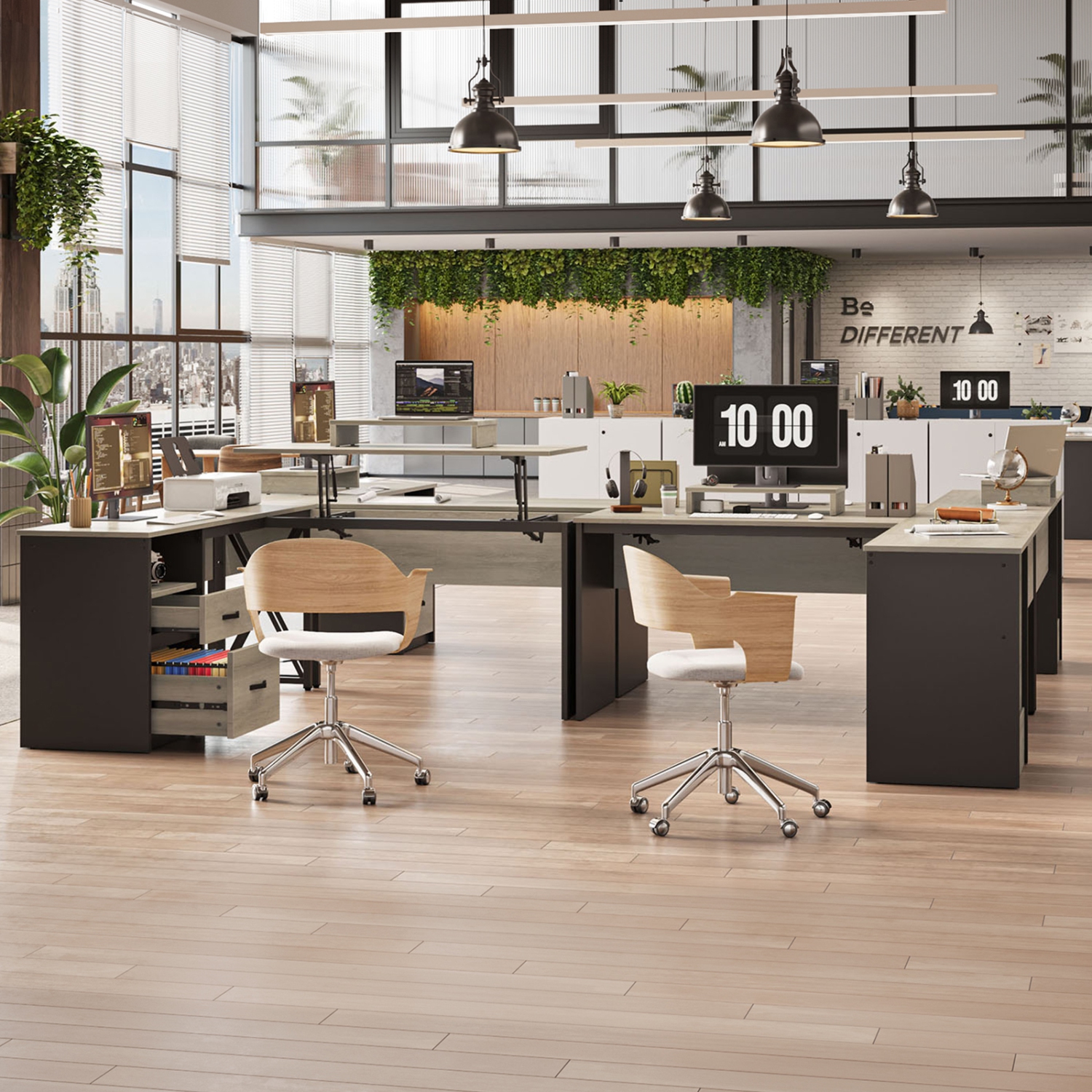 Bestier – Bureau en L à dessus relevable avec tiroir classeur, bureau de 55 x 55 po avec tiroirs de rangement réversibles, bureau debout en L