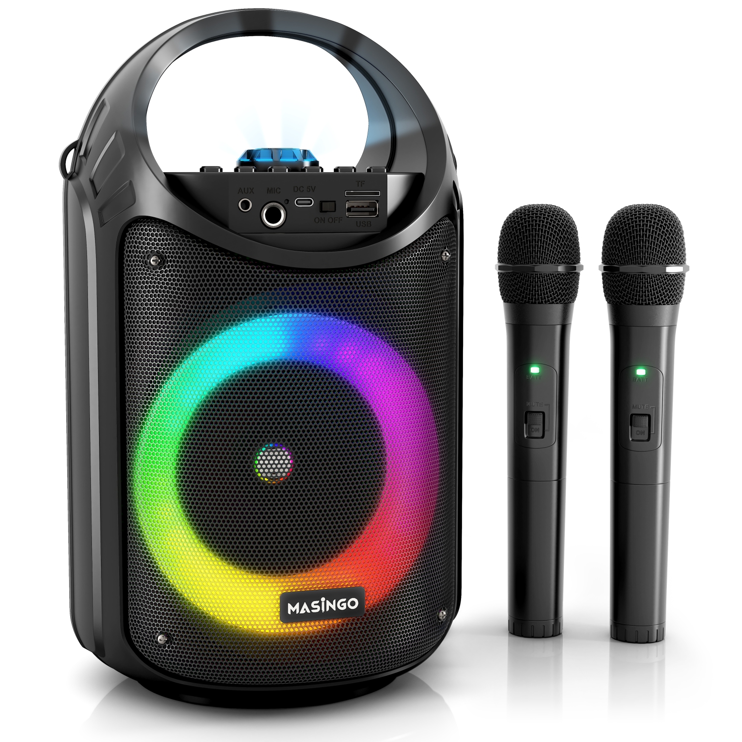 Karaoke Machine for Kids and Adults with 2 Wireless Microphones, PA Speaker System with Colorful LED Lights, Supports TF Card/USB, AUX/MIC in, TWS for Home Party, Burletta C10