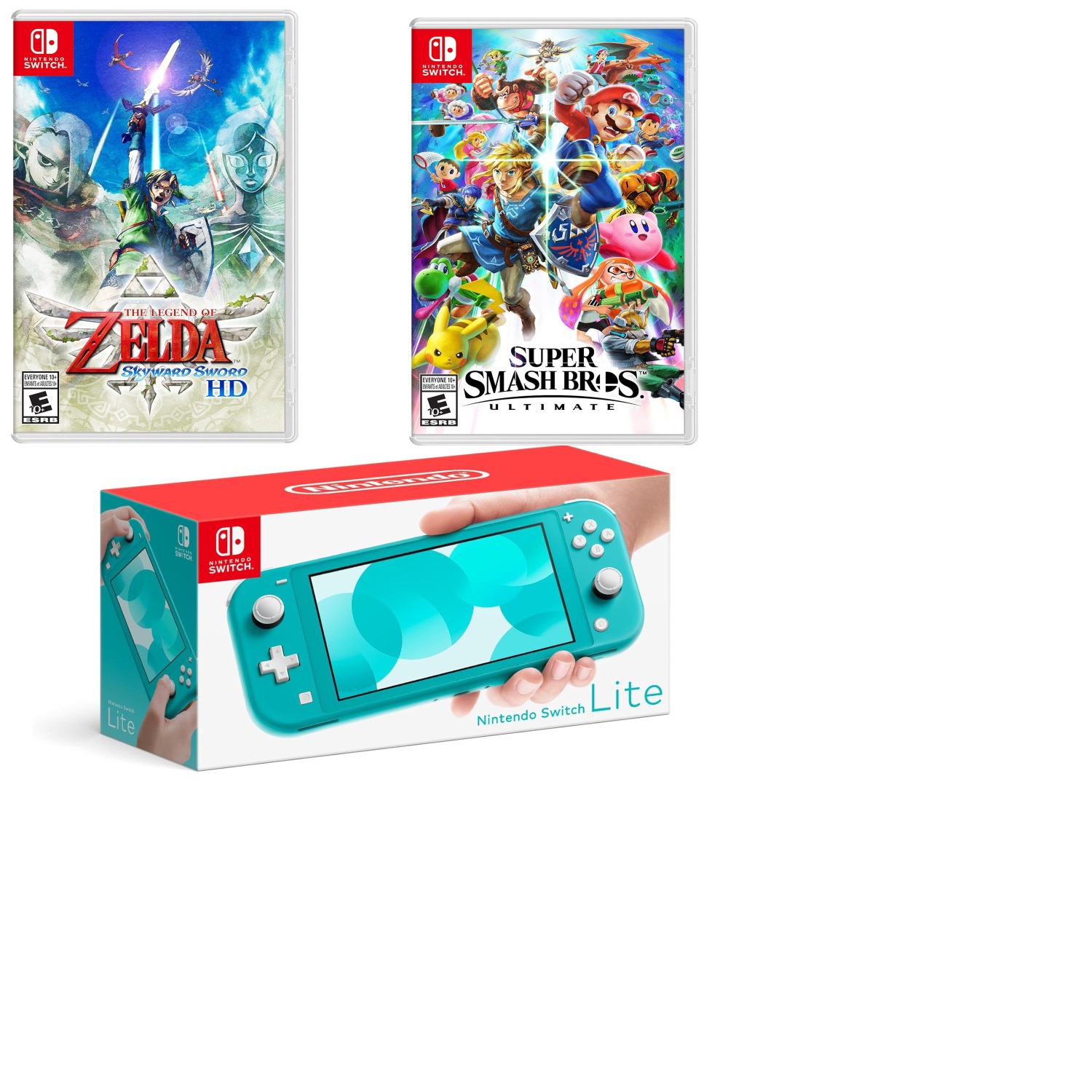Nintendo Switch Lite Console - Turquoise bundled with Super Smash Bros. Ultimate - Nintendo Switch Game & The Legend of Zelda: Skyward Sword HD - Nintendo Switch Game