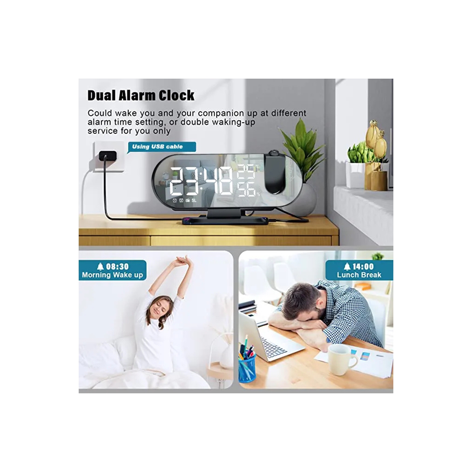 navor LED Digital Alarm Projection Clock FM Radio with USB Charging Port, Dual Alarm & Snooze, Temperature & Humidity Display, Dimmer, Timer,