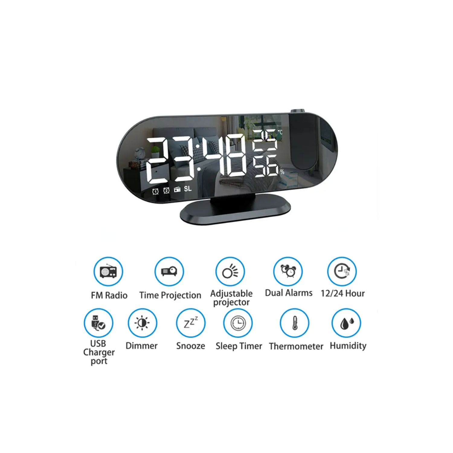 navor LED Digital Alarm Projection Clock FM Radio with USB Charging Port, Dual Alarm & Snooze, Temperature & Humidity Display, Dimmer, Timer,